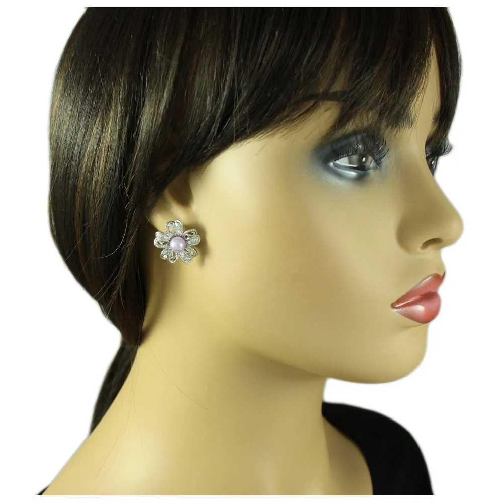 Crystal Flower with Purple Pearl Pierced Earring - PRE402