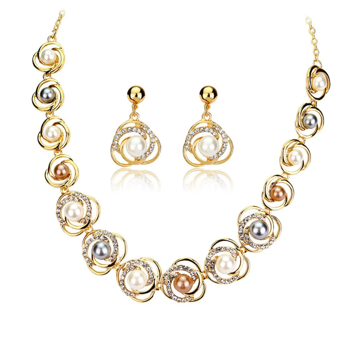 Cubic Zirconia & Pearl 18K Gold-Plated Flower Drop Earrings & Station Necklace