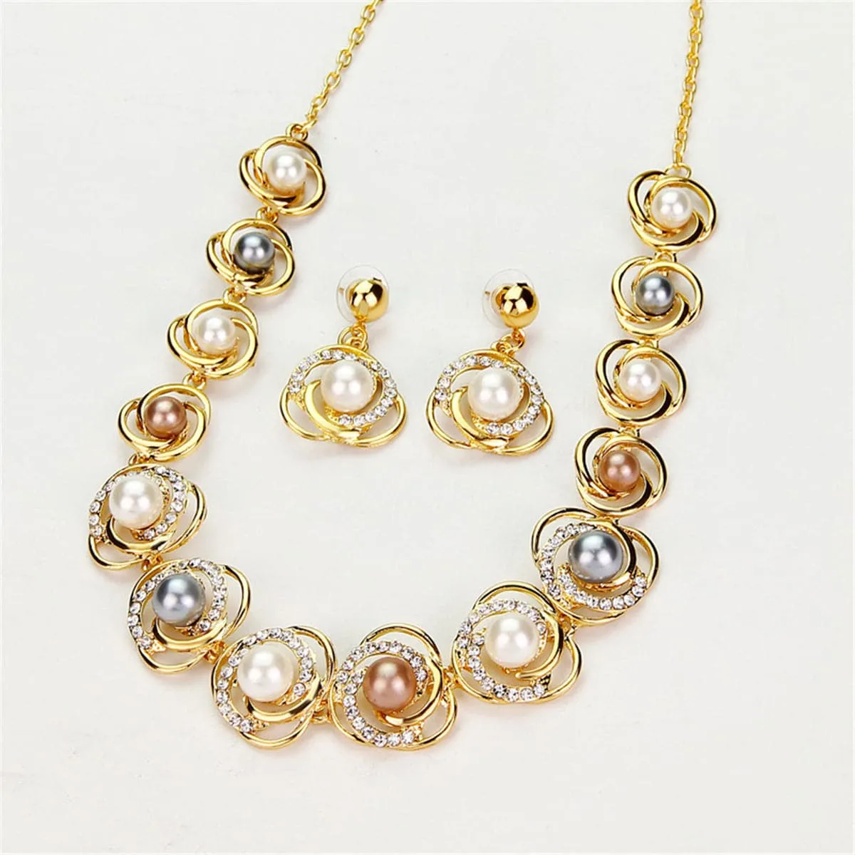 Cubic Zirconia & Pearl 18K Gold-Plated Flower Drop Earrings & Station Necklace