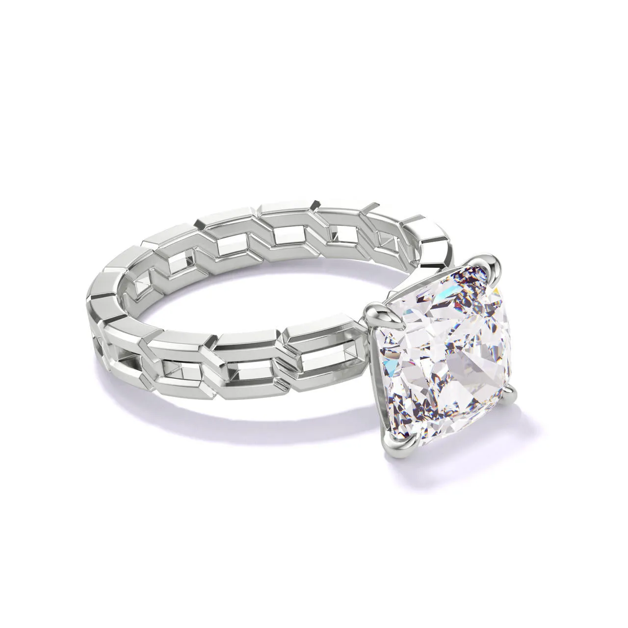 CUSHION CUT DIAMOND ENGAGEMENT RING WITH A CLASSIC 4 PRONG 16 LINKS SETTING IN PLATINUM