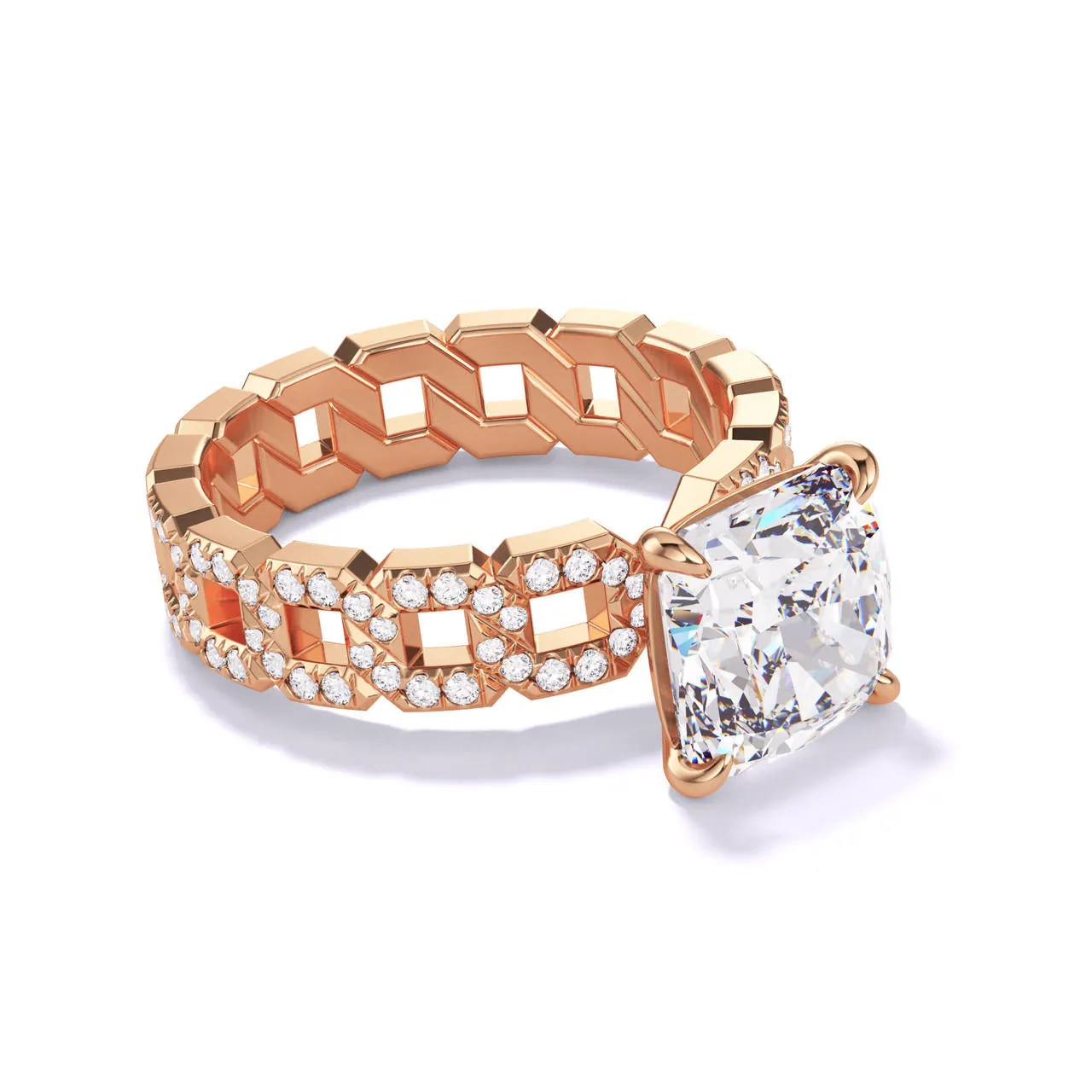 CUSHION CUT DIAMOND ENGAGEMENT RING WITH A CLASSIC 4 PRONG 16 PAVE LINKS SETTING IN 18K ROSE GOLD