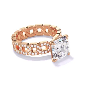 CUSHION CUT DIAMOND ENGAGEMENT RING WITH A CLASSIC 4 PRONG 16 PAVE LINKS SETTING IN 18K ROSE GOLD