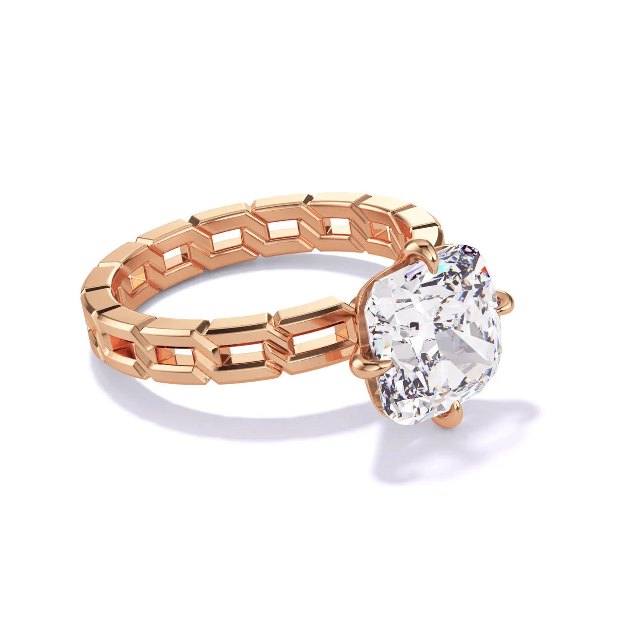 CUSHION CUT DIAMOND ENGAGEMENT RING WITH A COMPASS 4 PRONG 16 LINKS SETTING IN 18K ROSE GOLD