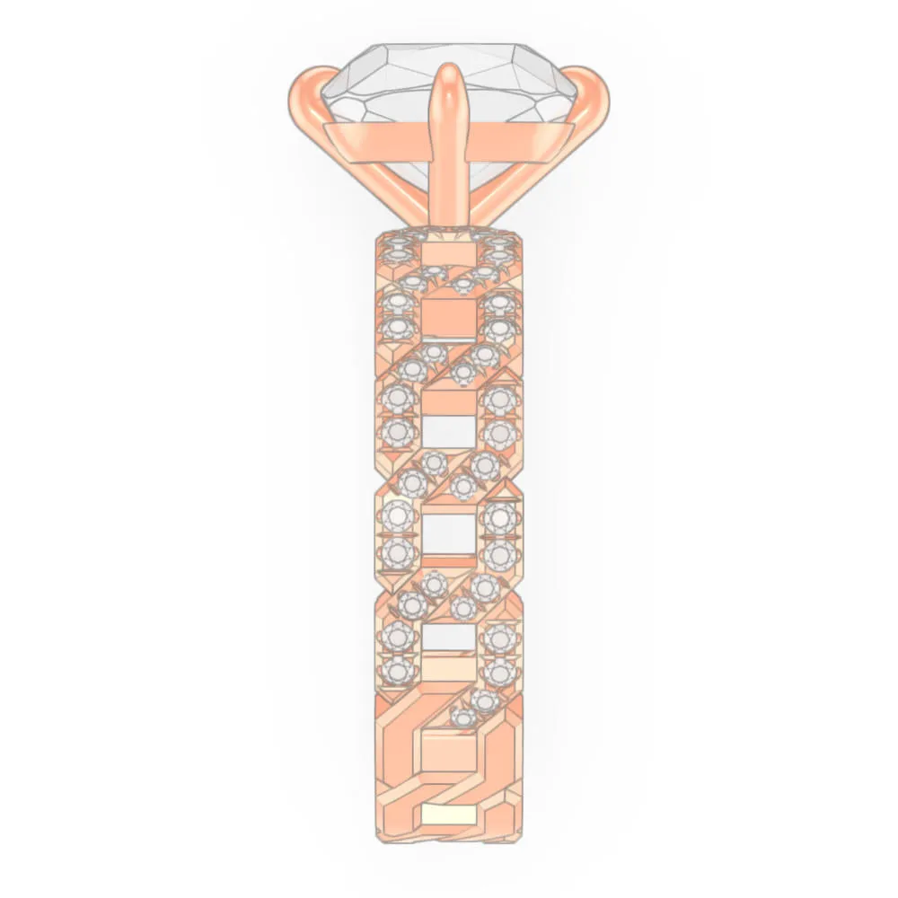 CUSHION CUT DIAMOND ENGAGEMENT RING WITH A COMPASS 4 PRONG 16 PAVE LINKS SETTING IN 18K ROSE GOLD
