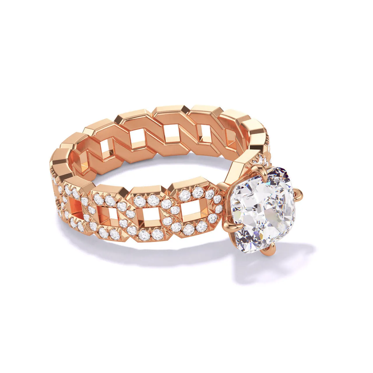 CUSHION CUT DIAMOND ENGAGEMENT RING WITH A COMPASS 4 PRONG 16 PAVE LINKS SETTING IN 18K ROSE GOLD