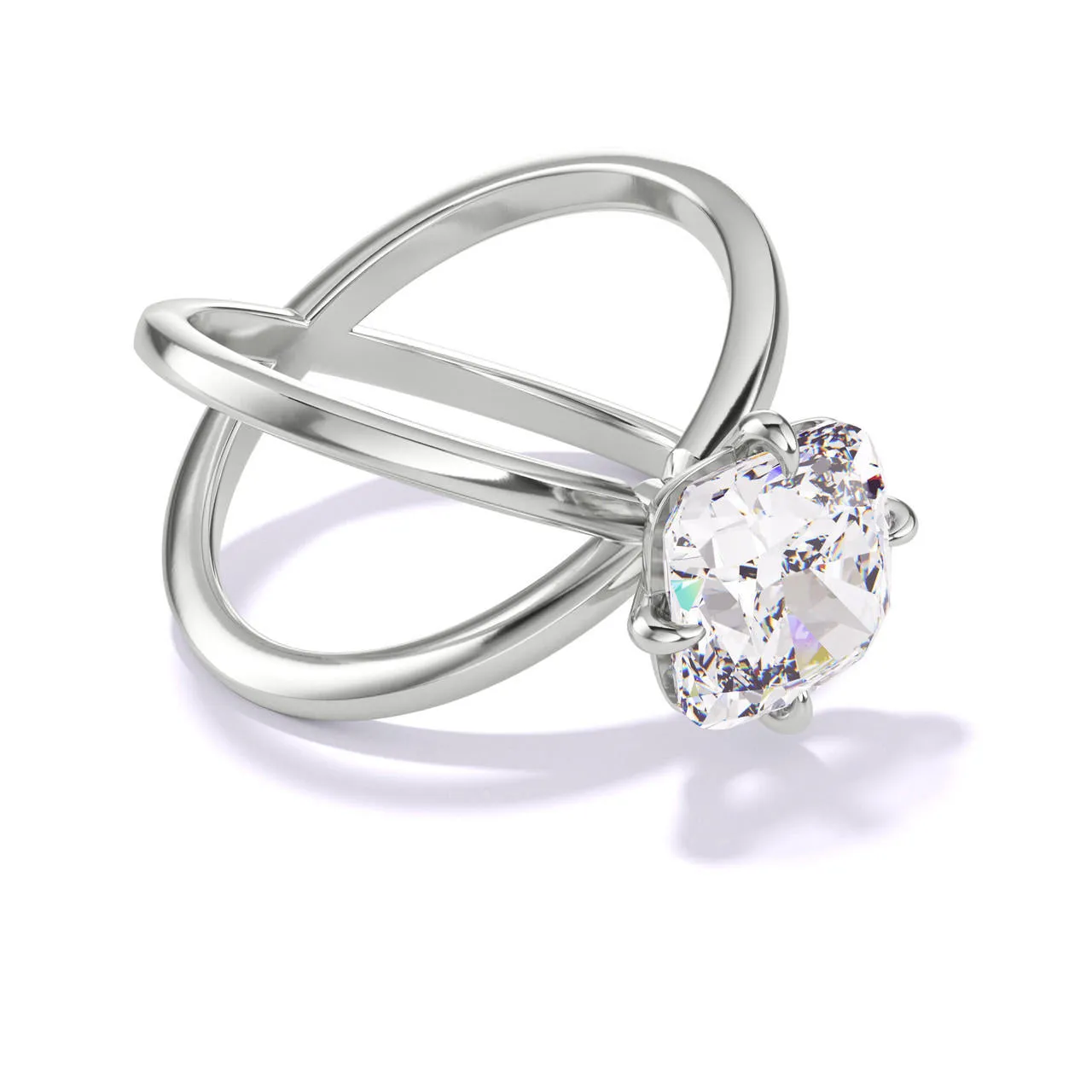 CUSHION CUT DIAMOND ENGAGEMENT RING WITH A COMPASS 4 PRONG AXIS SETTING IN PLATINUM