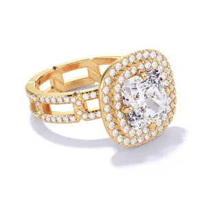 CUSHION CUT DIAMOND ENGAGEMENT RING WITH A DOUBLE HALO 8 PAVE LINKS SETTING IN 18K YELLOW GOLD