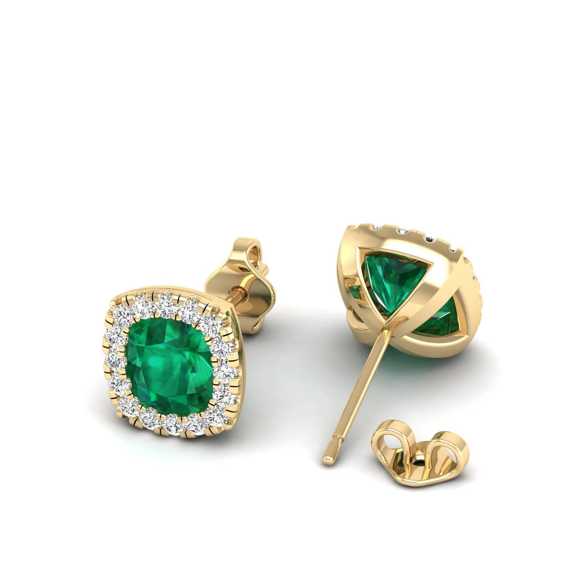 Cushion Emerald Halo Diamond Stud Earrings