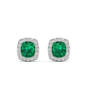 Cushion Emerald Halo Diamond Stud Earrings
