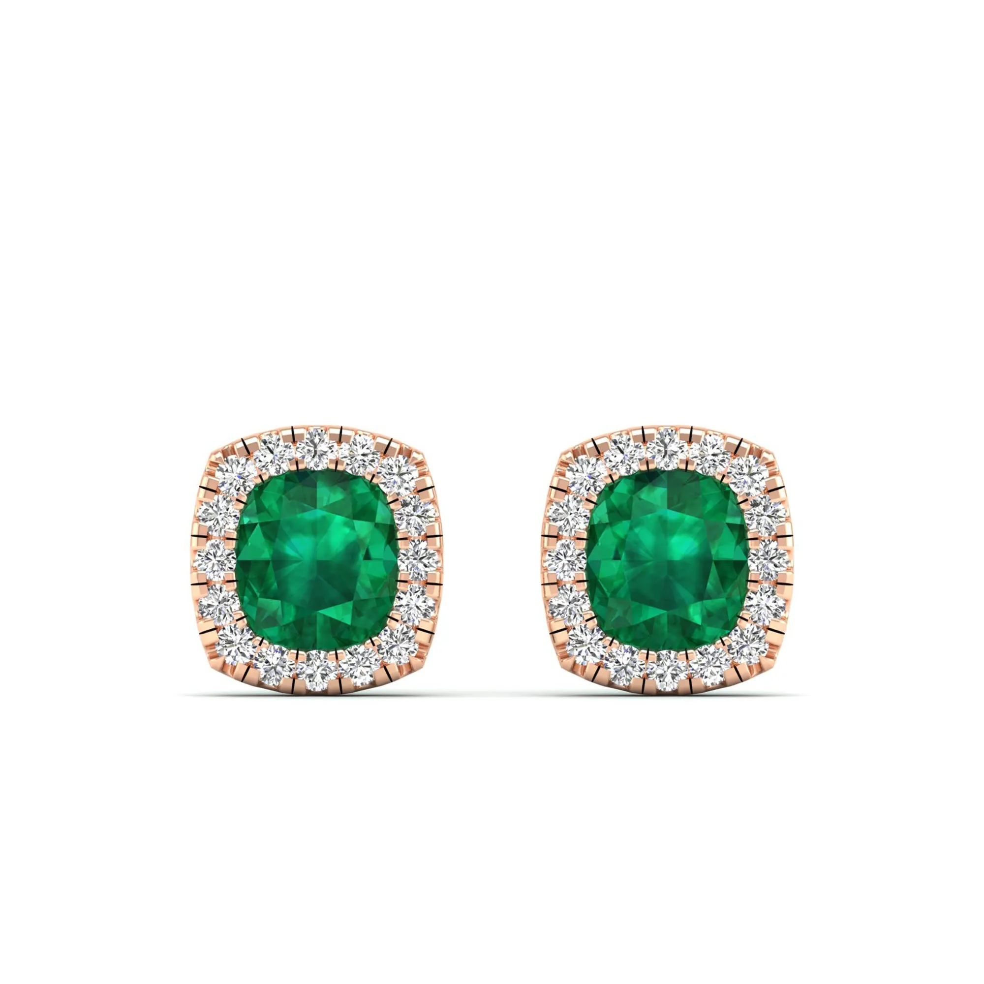 Cushion Emerald Halo Diamond Stud Earrings