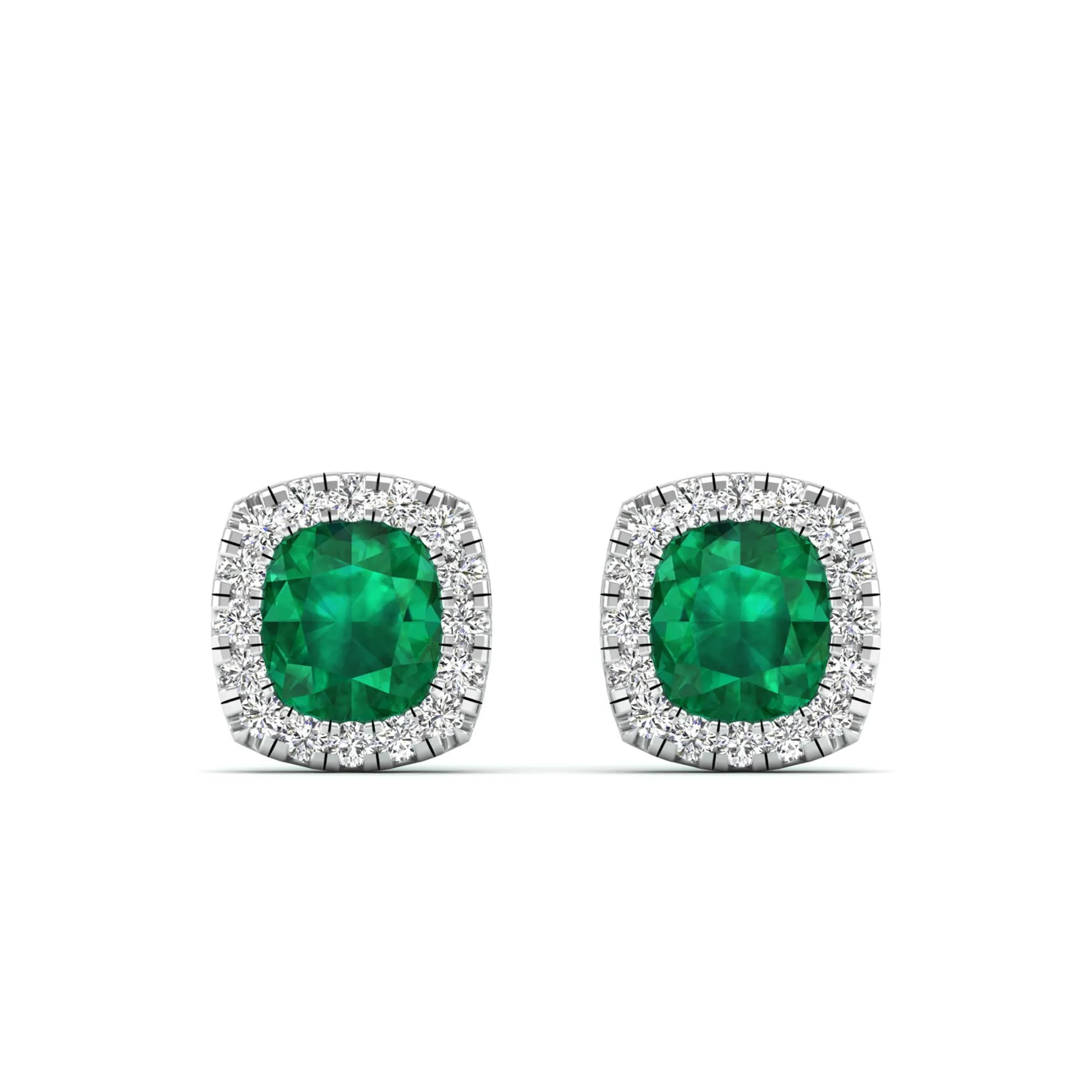 Cushion Emerald Halo Diamond Stud Earrings