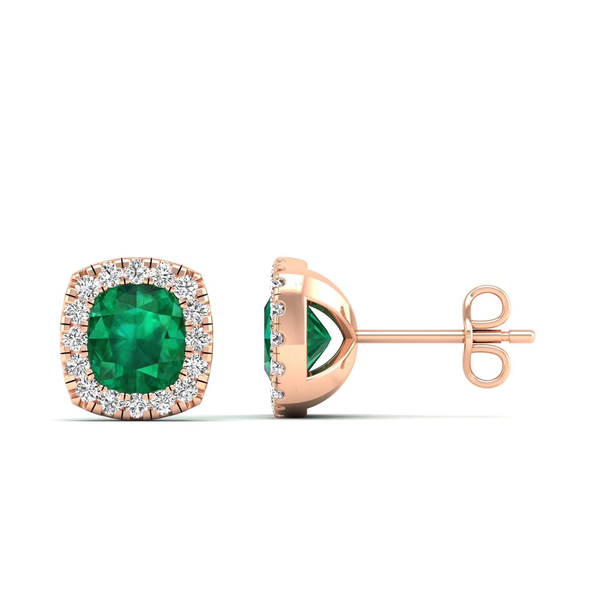 Cushion Emerald Halo Diamond Stud Earrings