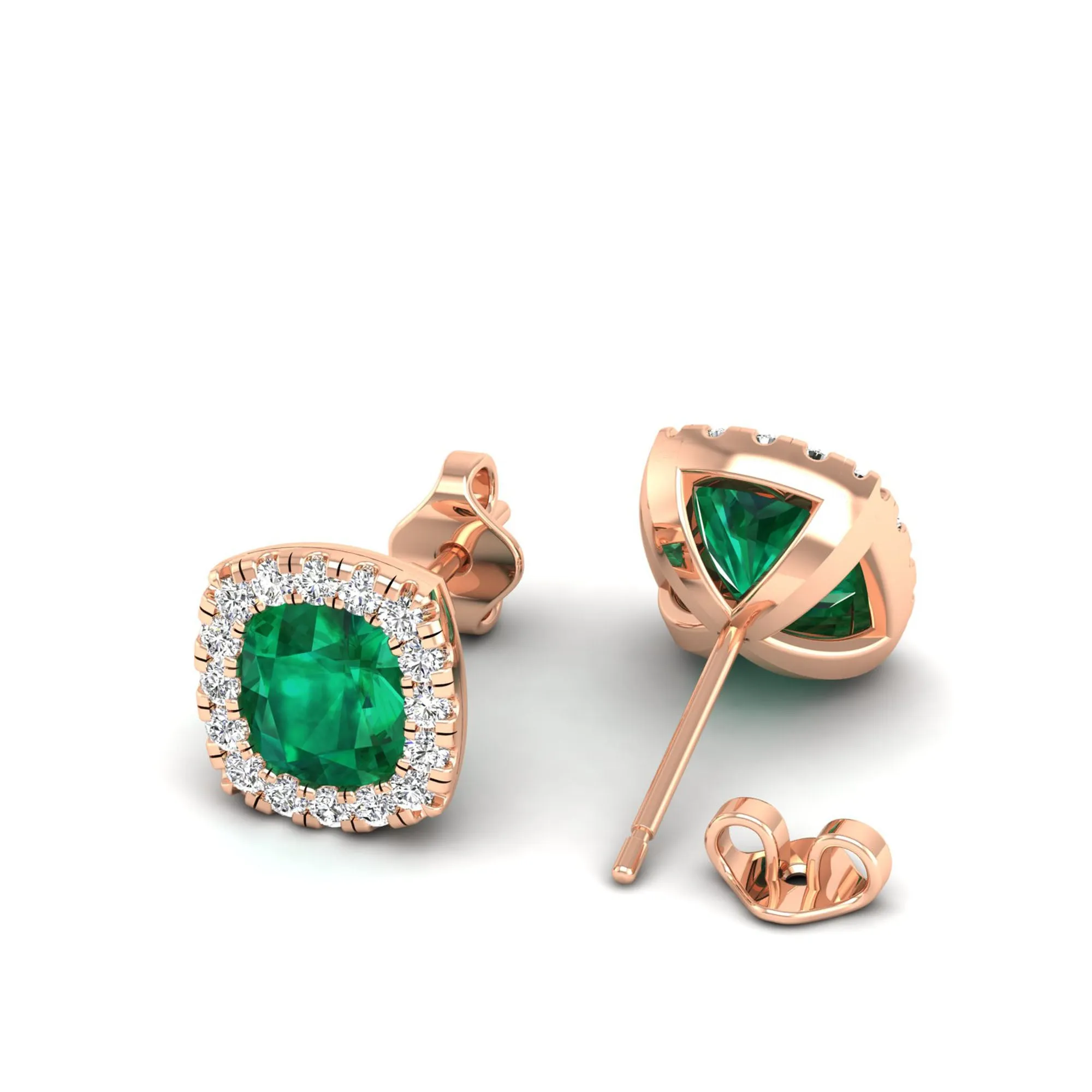 Cushion Emerald Halo Diamond Stud Earrings
