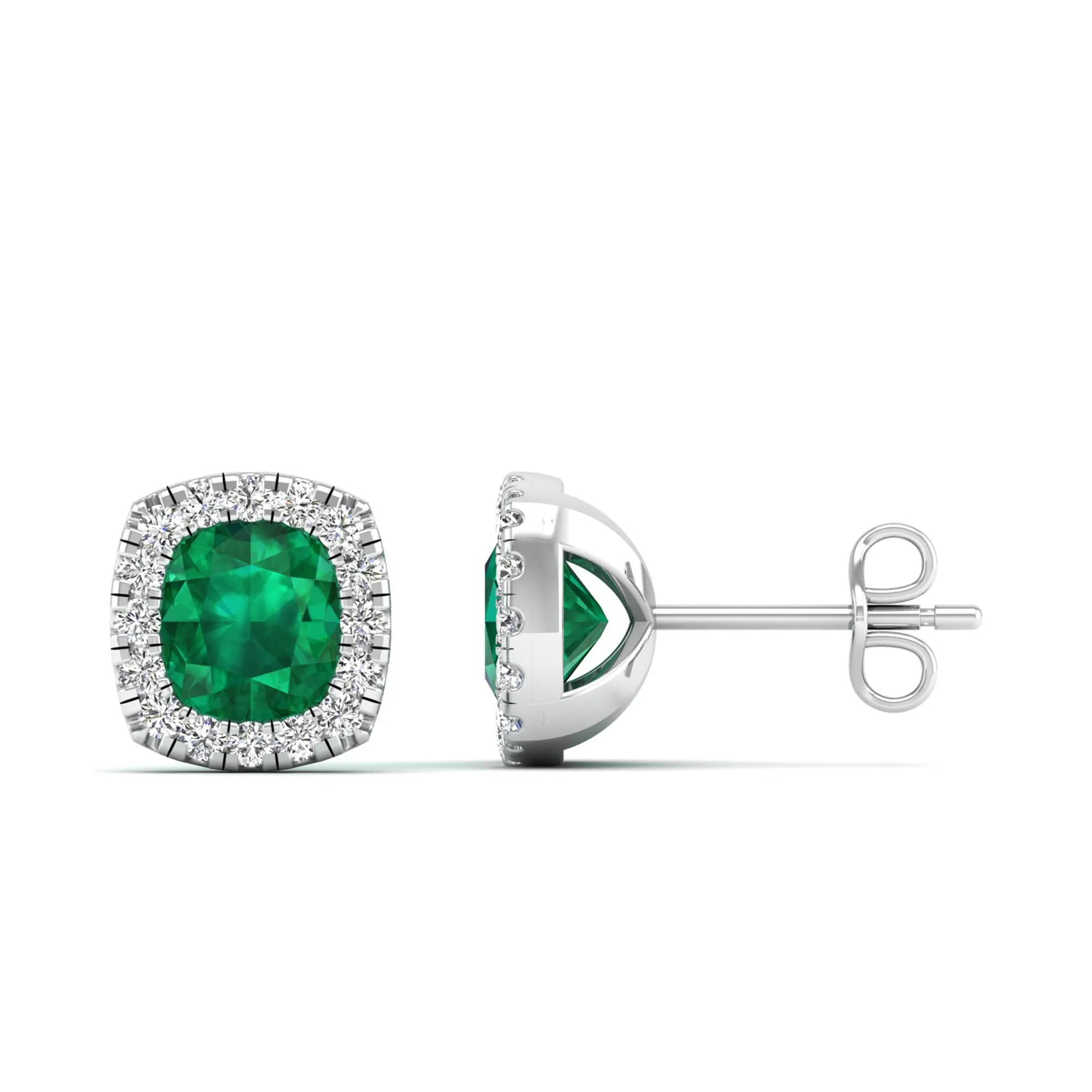 Cushion Emerald Halo Diamond Stud Earrings