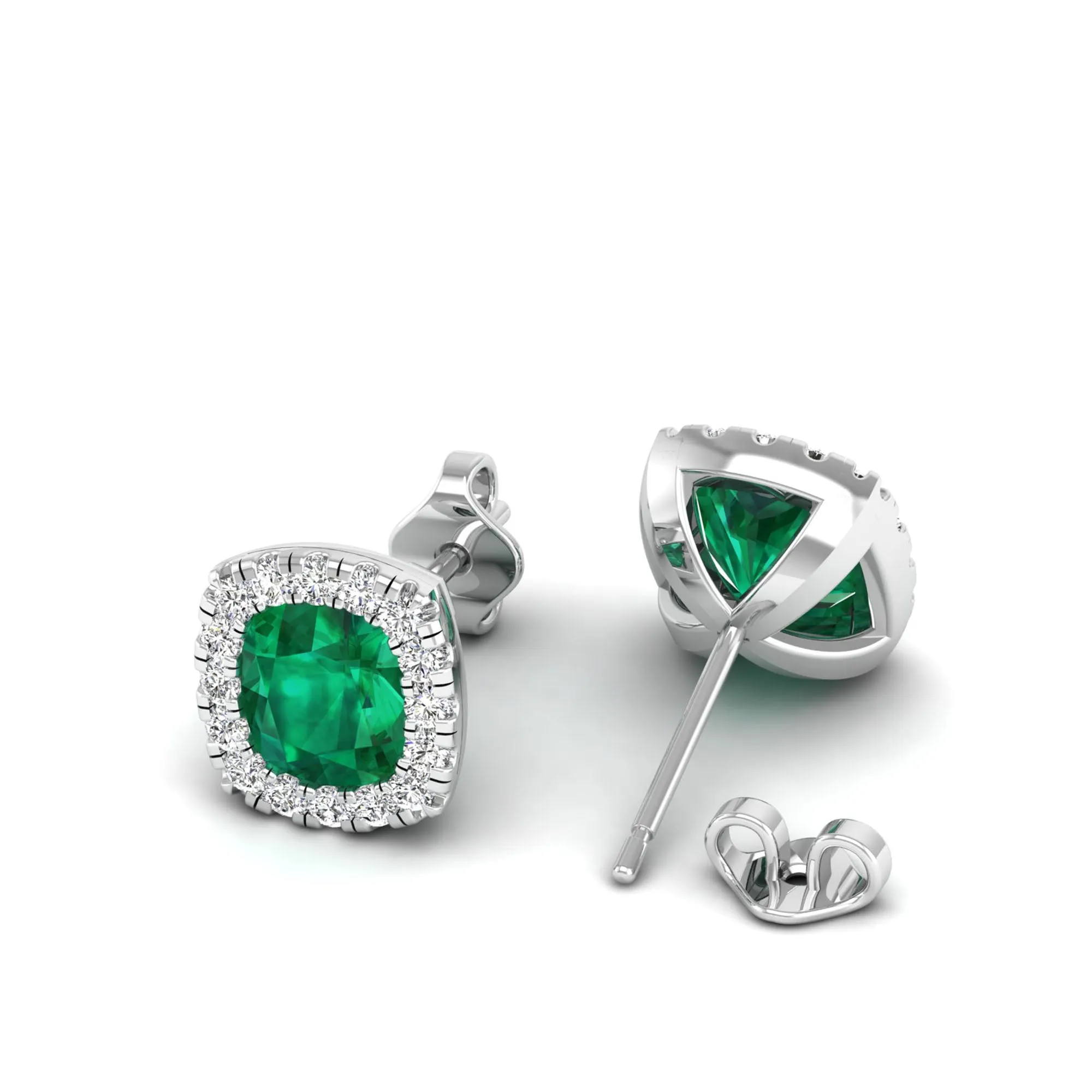 Cushion Emerald Halo Diamond Stud Earrings