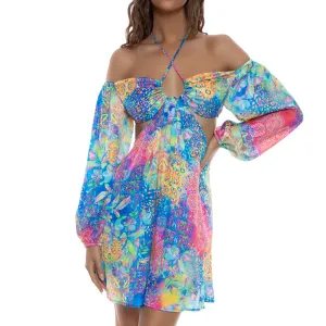 DECO GARDENS - Halter Long Sleeve Cut Out Short Dress