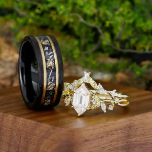 Delicate Long Hexagon Moissanite Engagement Leaves Couples Rings Set Tungsten Wedding Rings