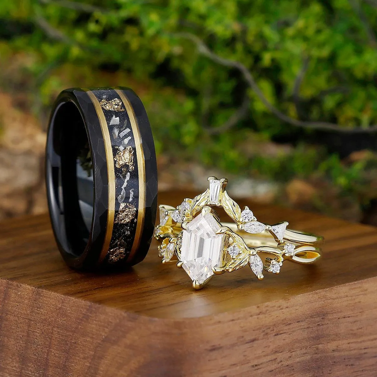 Delicate Long Hexagon Moissanite Engagement Leaves Couples Rings Set Tungsten Wedding Rings
