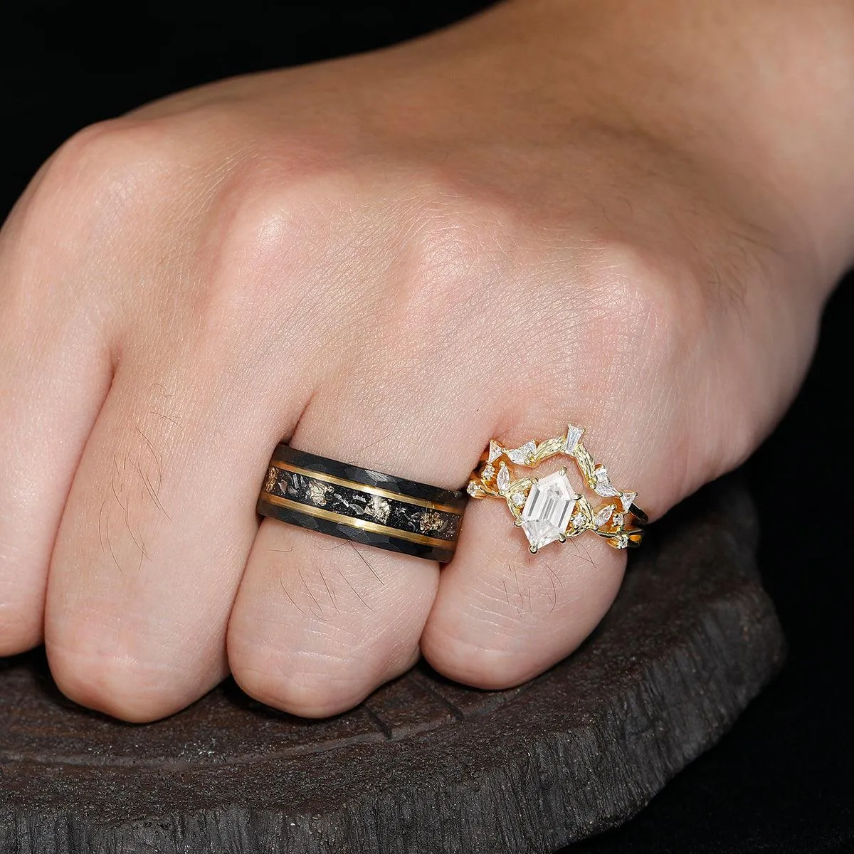 Delicate Long Hexagon Moissanite Engagement Leaves Couples Rings Set Tungsten Wedding Rings