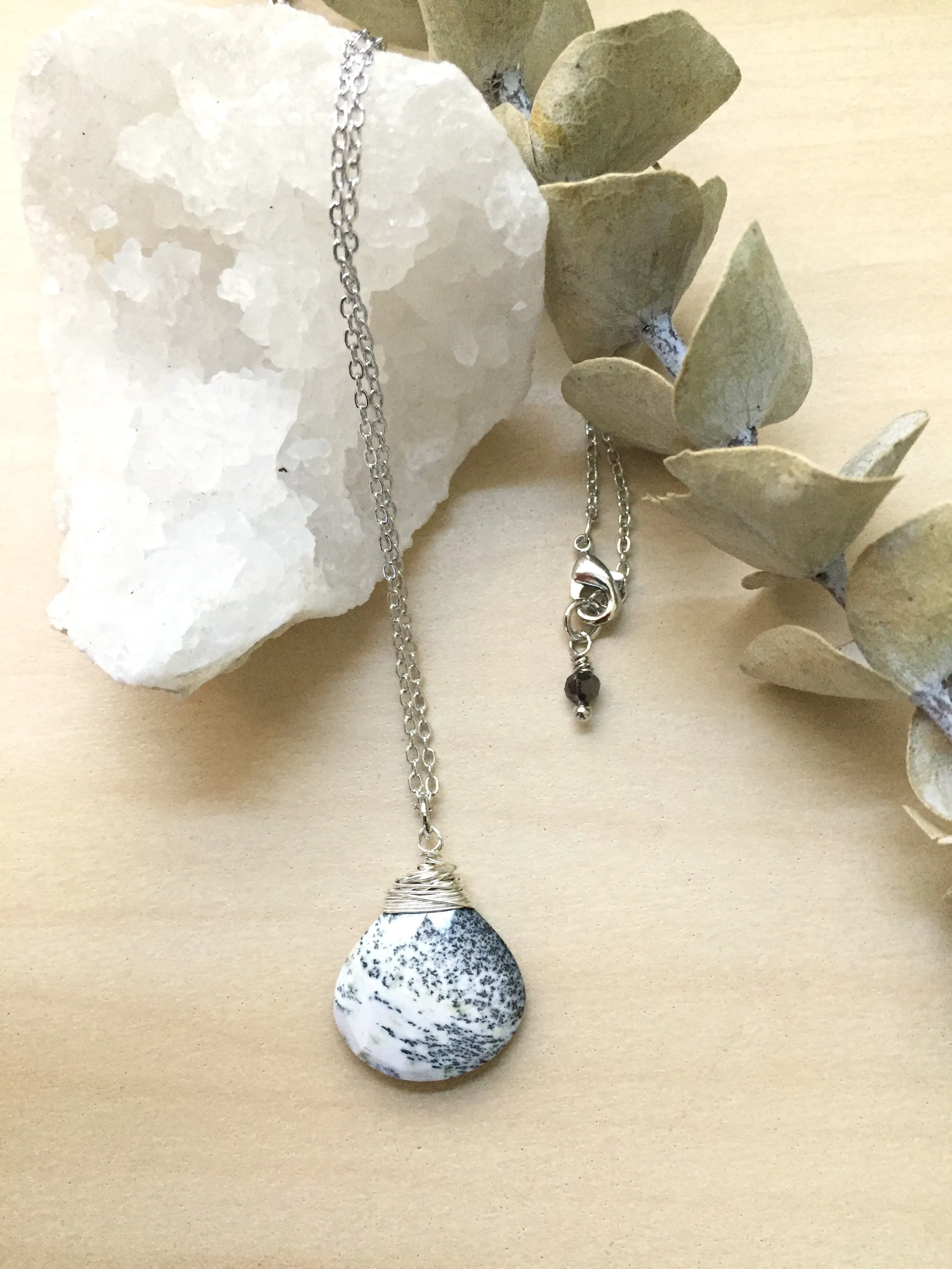 Dendritic Opal Gemstone Drop Necklace - Black and White Pendant necklace