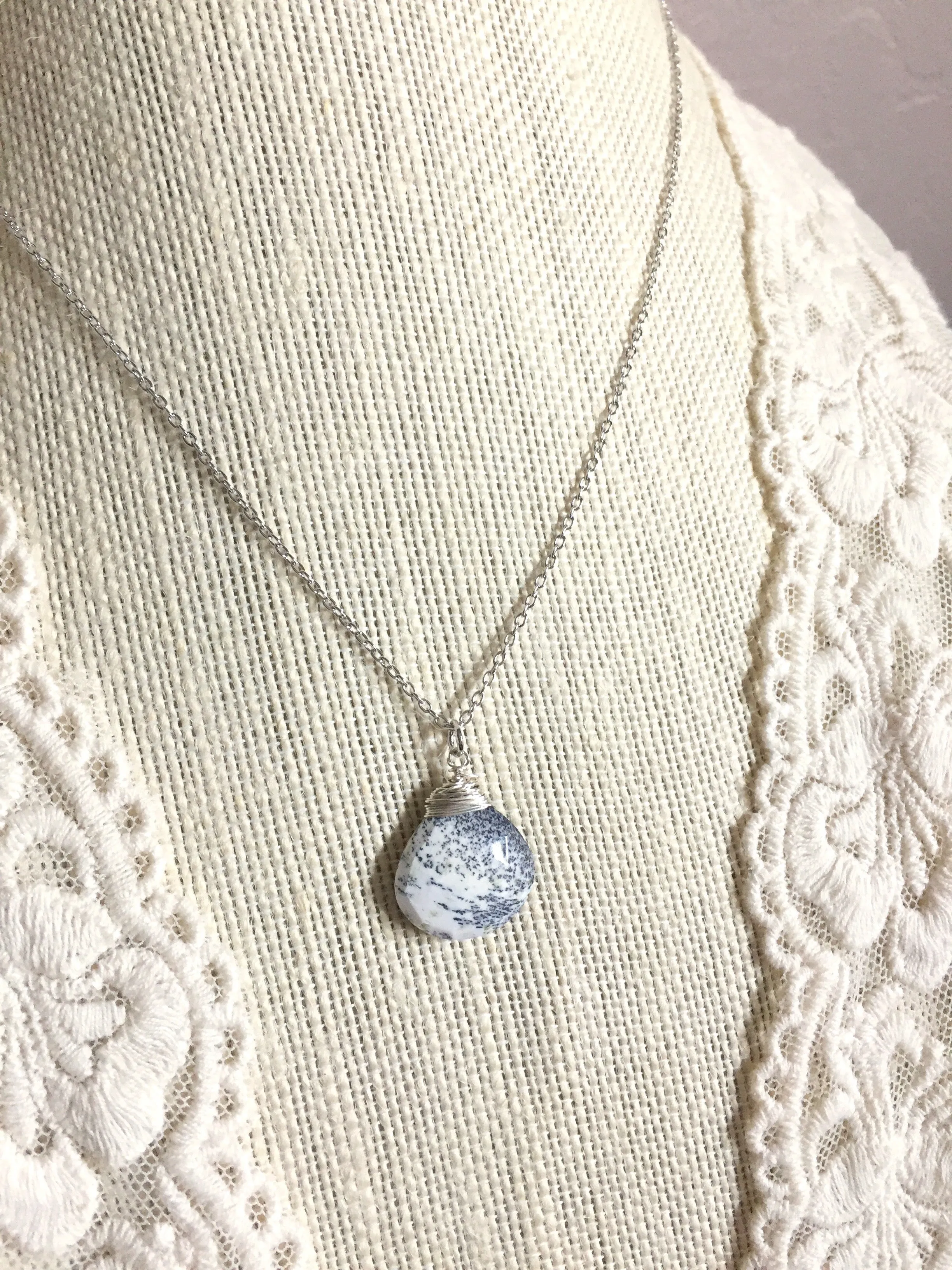 Dendritic Opal Gemstone Drop Necklace - Black and White Pendant necklace