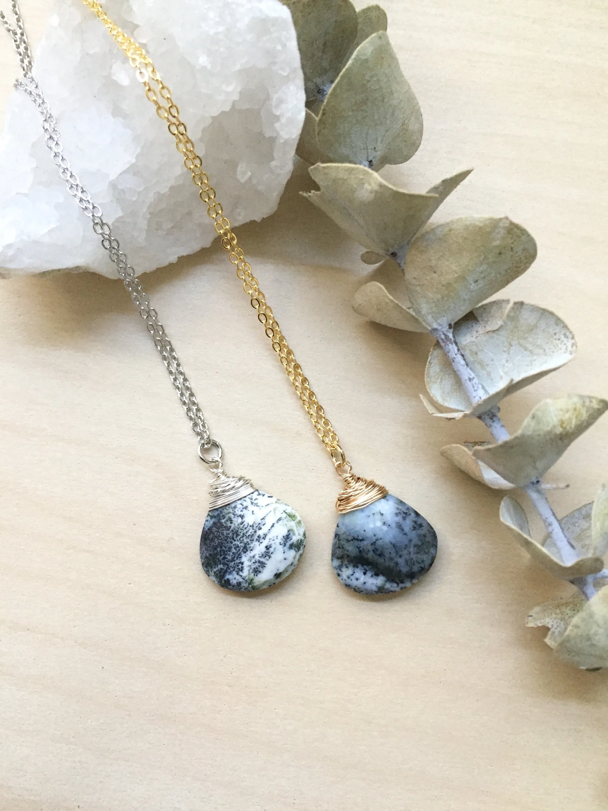 Dendritic Opal Gemstone Drop Necklace - Black and White Pendant necklace