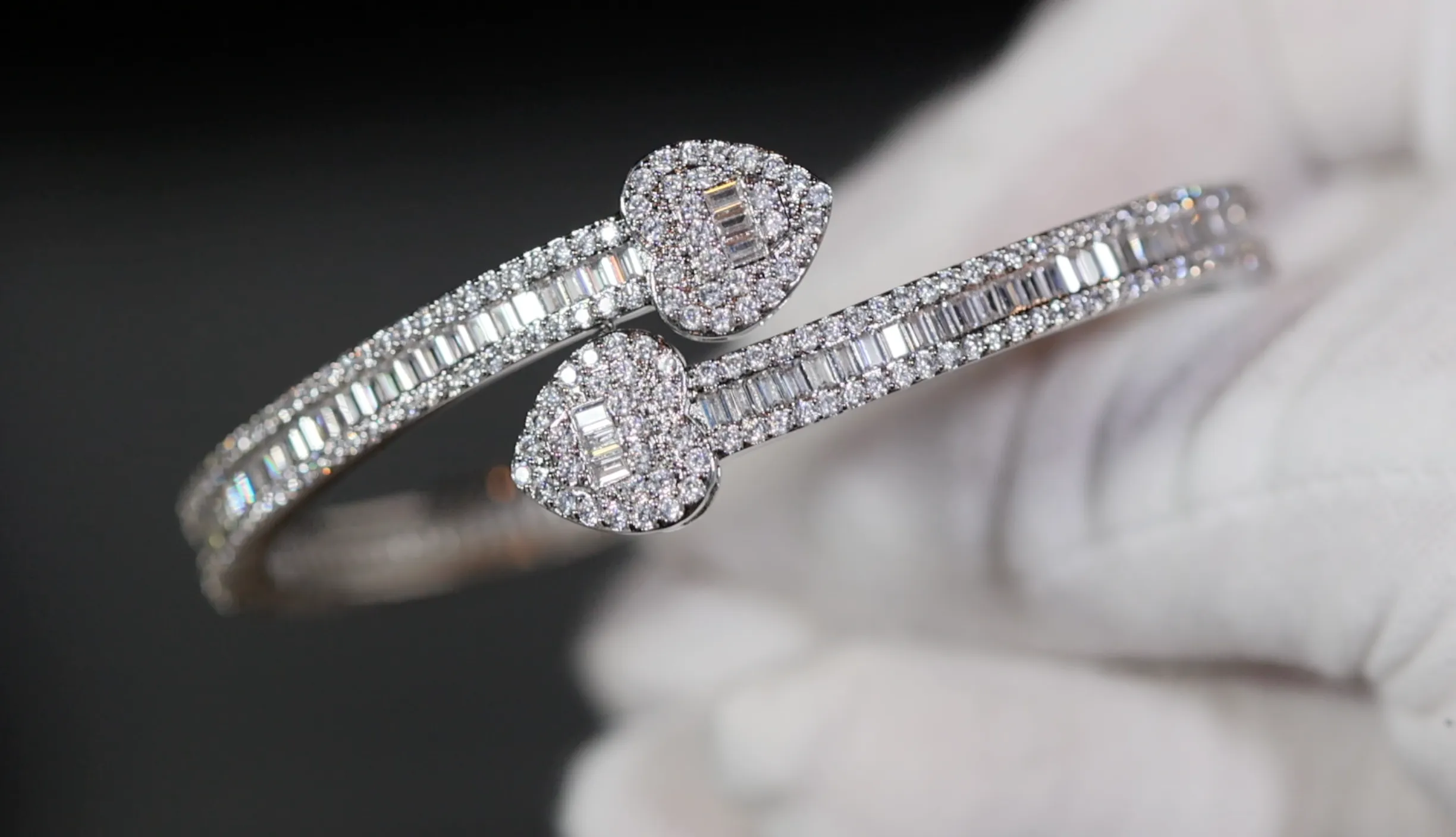 Diamond Heart Bangle | Baguette Diamond Bracelet | Iced Out Heart Bracelet | Bangle