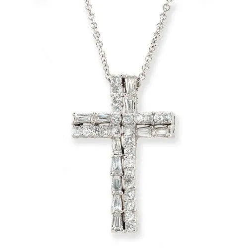 Diamond Studded  Cross Pendant Necklace In 18k White Gold