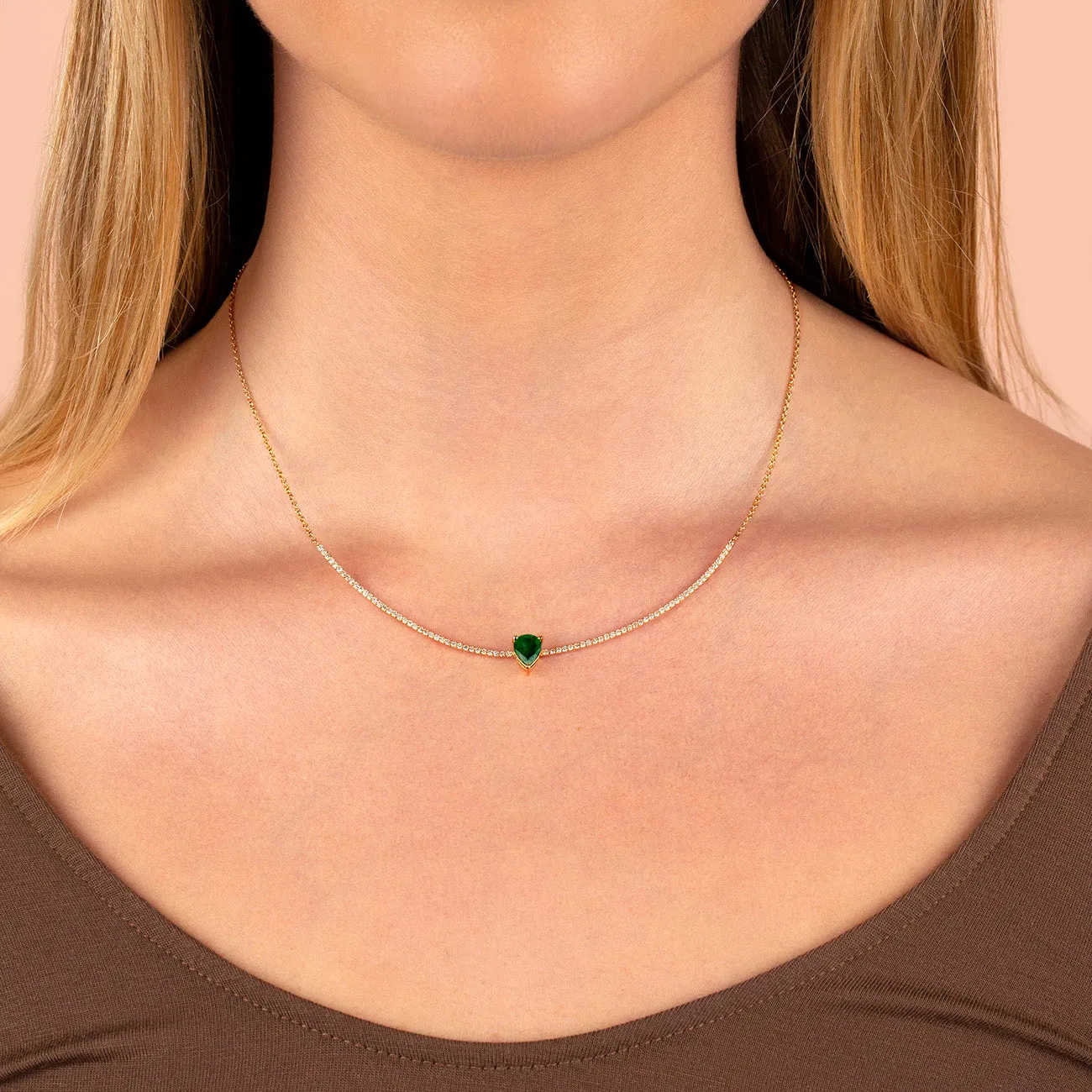 Diamond x Emerald Green Teardrop Scoop Bar Necklace 14K