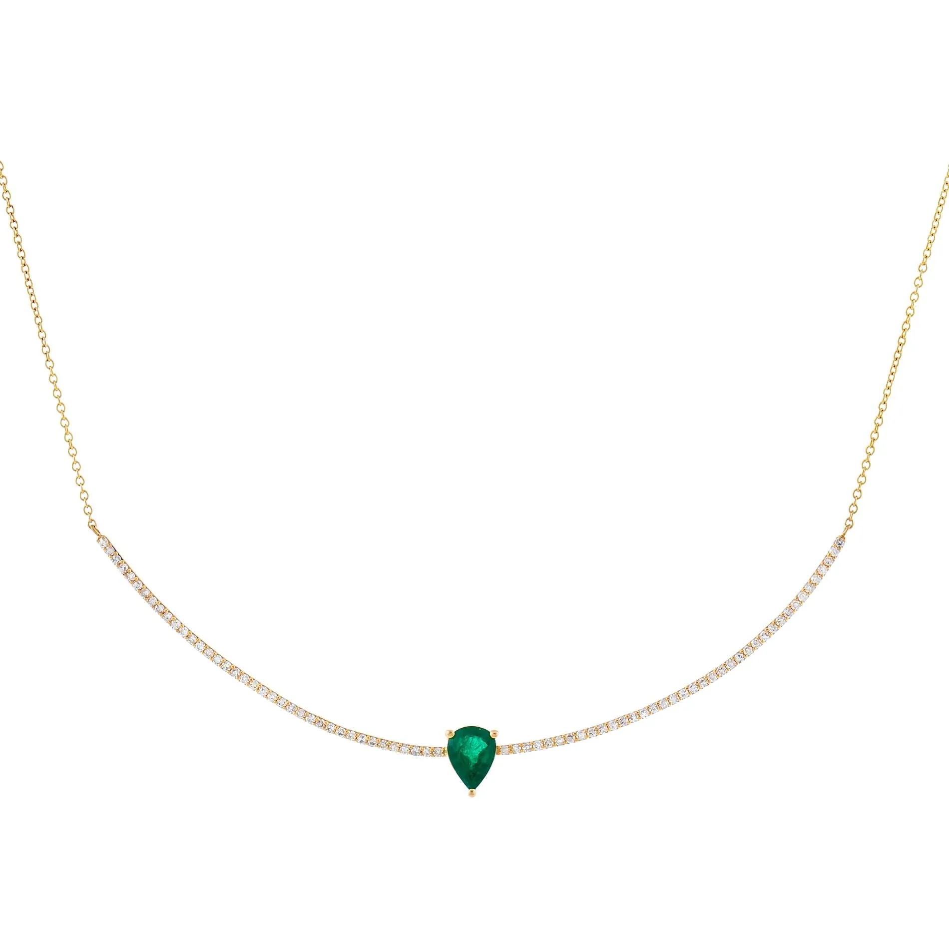 Diamond x Emerald Green Teardrop Scoop Bar Necklace 14K