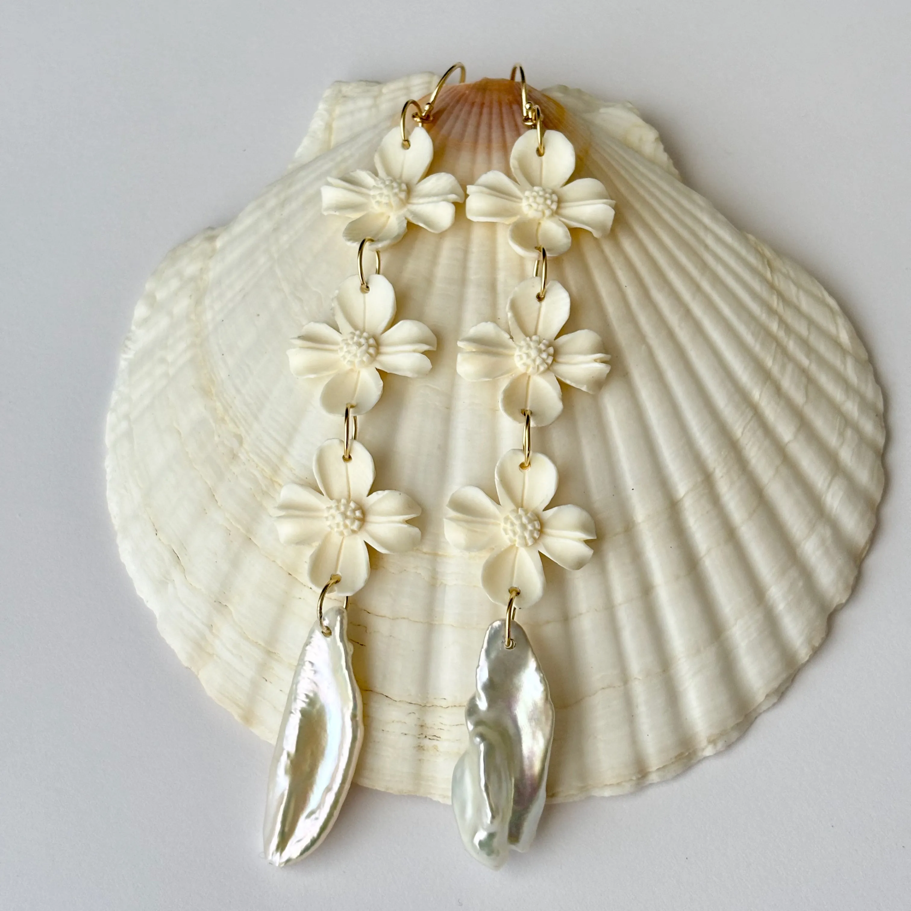 Dogwood bone carving earrings with metallic luster keshi pearls