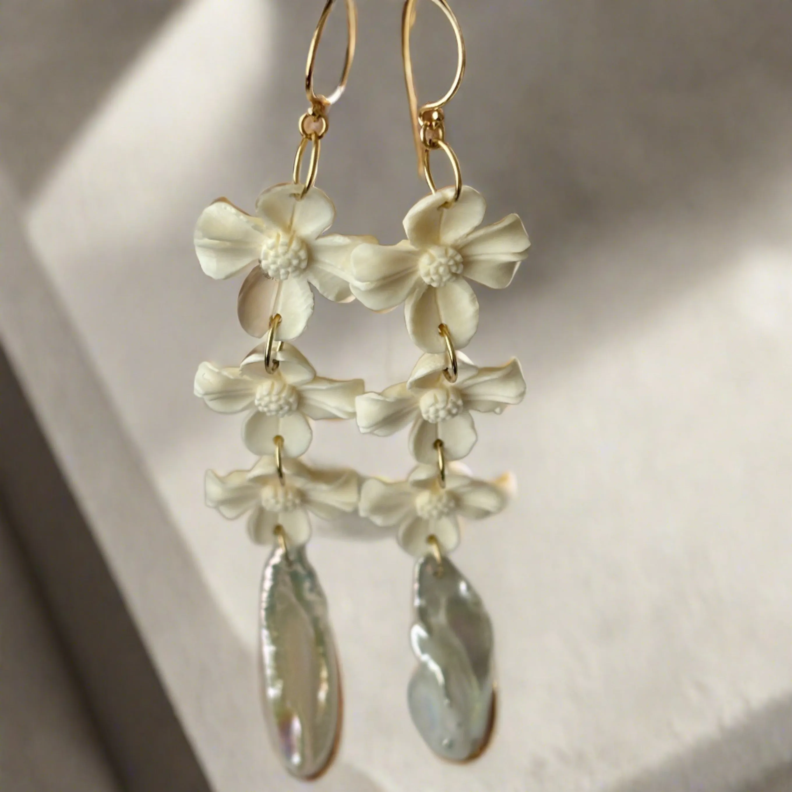 Dogwood bone carving earrings with metallic luster keshi pearls
