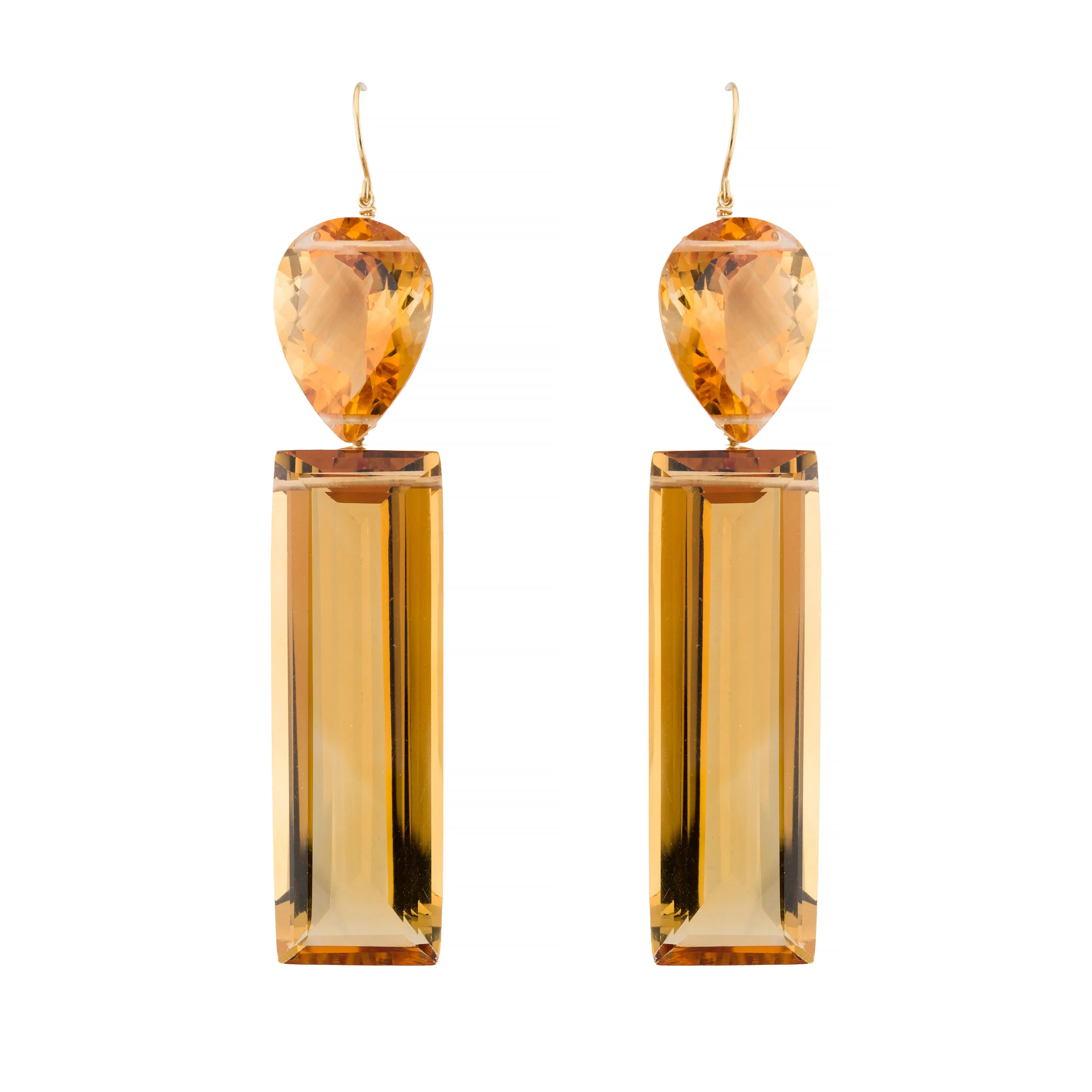 Dramatic 137Ctw Pear & Emerald Cut Citrine Dangle Earrings in 18K Yellow Gold