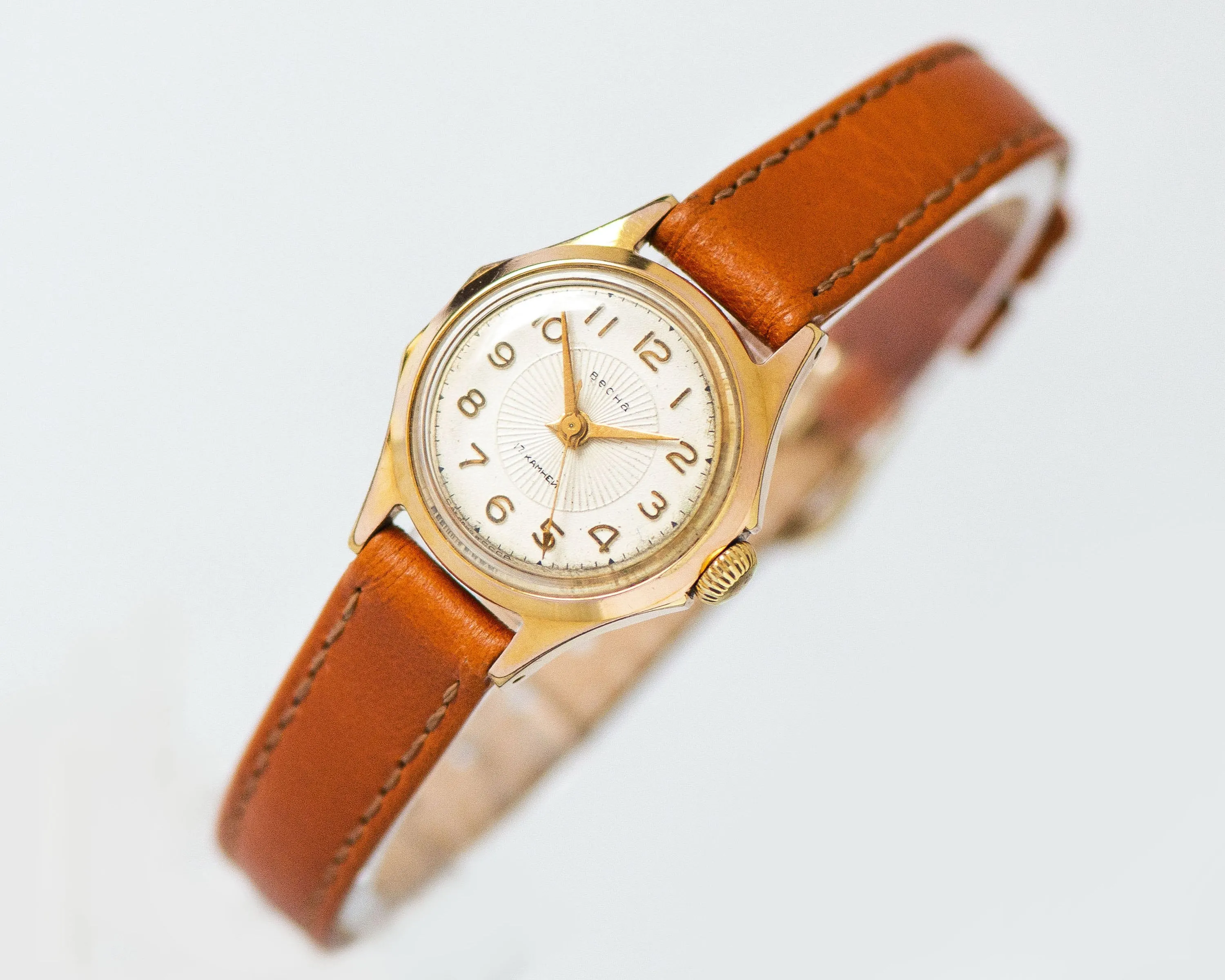 Dress watch for women gold plated Spring, rare design lady watch retro, classic girl watch sunburst dial jewelry, new premium leather strap