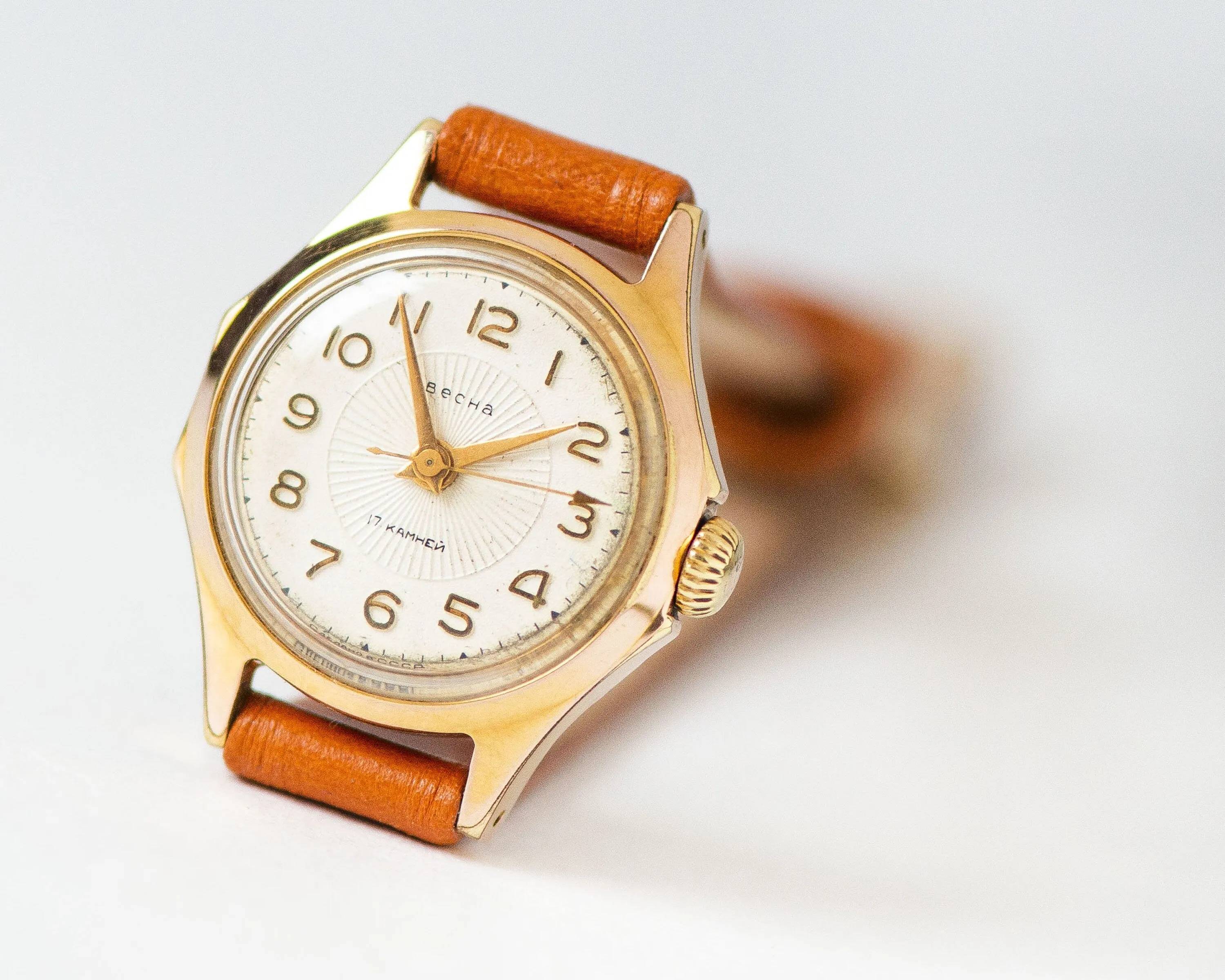 Dress watch for women gold plated Spring, rare design lady watch retro, classic girl watch sunburst dial jewelry, new premium leather strap