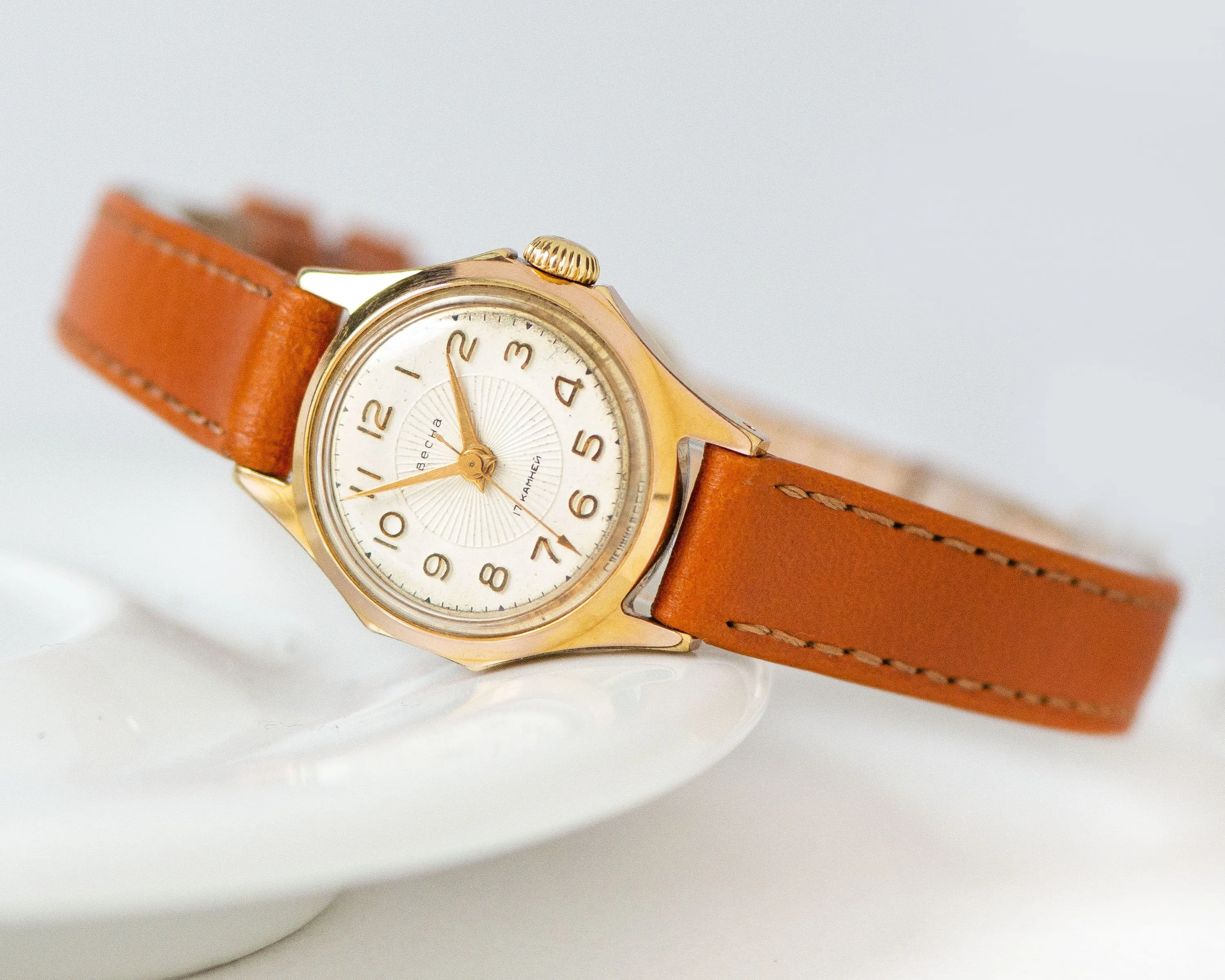 Dress watch for women gold plated Spring, rare design lady watch retro, classic girl watch sunburst dial jewelry, new premium leather strap