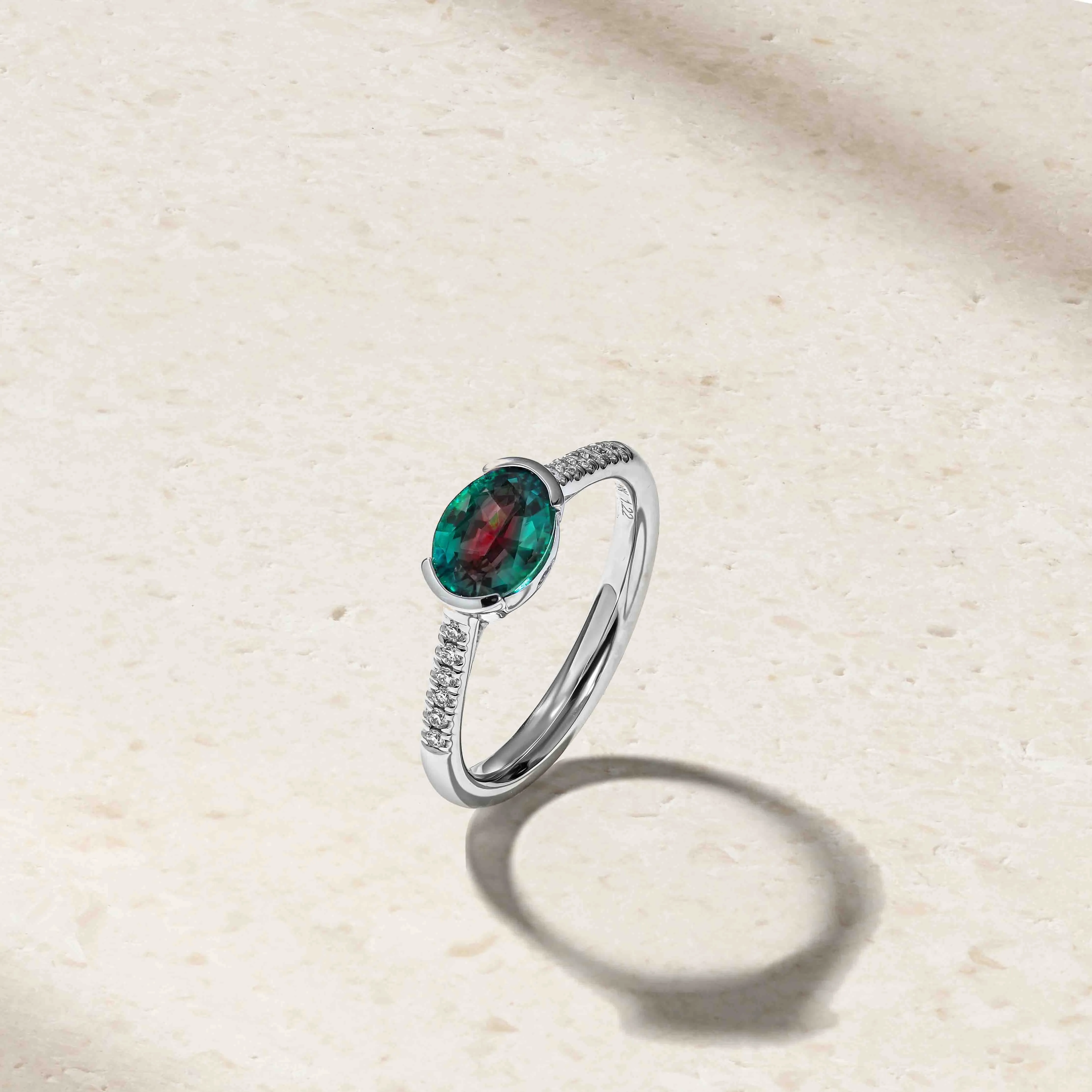 East-West Alexandrite and Diamond Half Bezel Ring