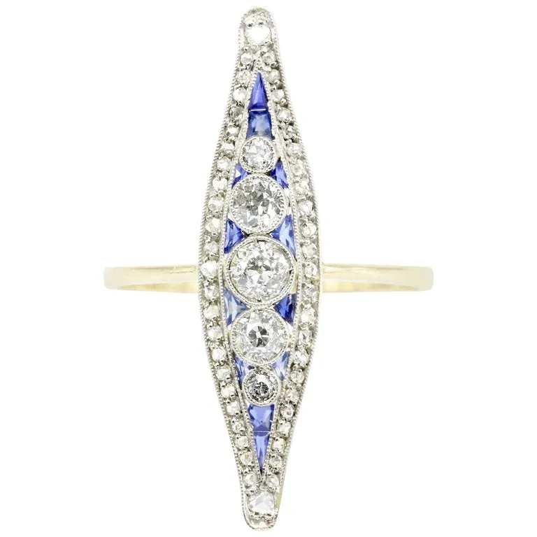 Edwardian 18K Yellow Gold Diamond and Sapphire Navette Ring Size 7