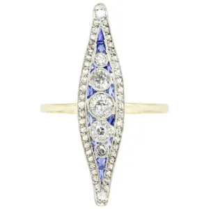 Edwardian 18K Yellow Gold Diamond and Sapphire Navette Ring Size 7