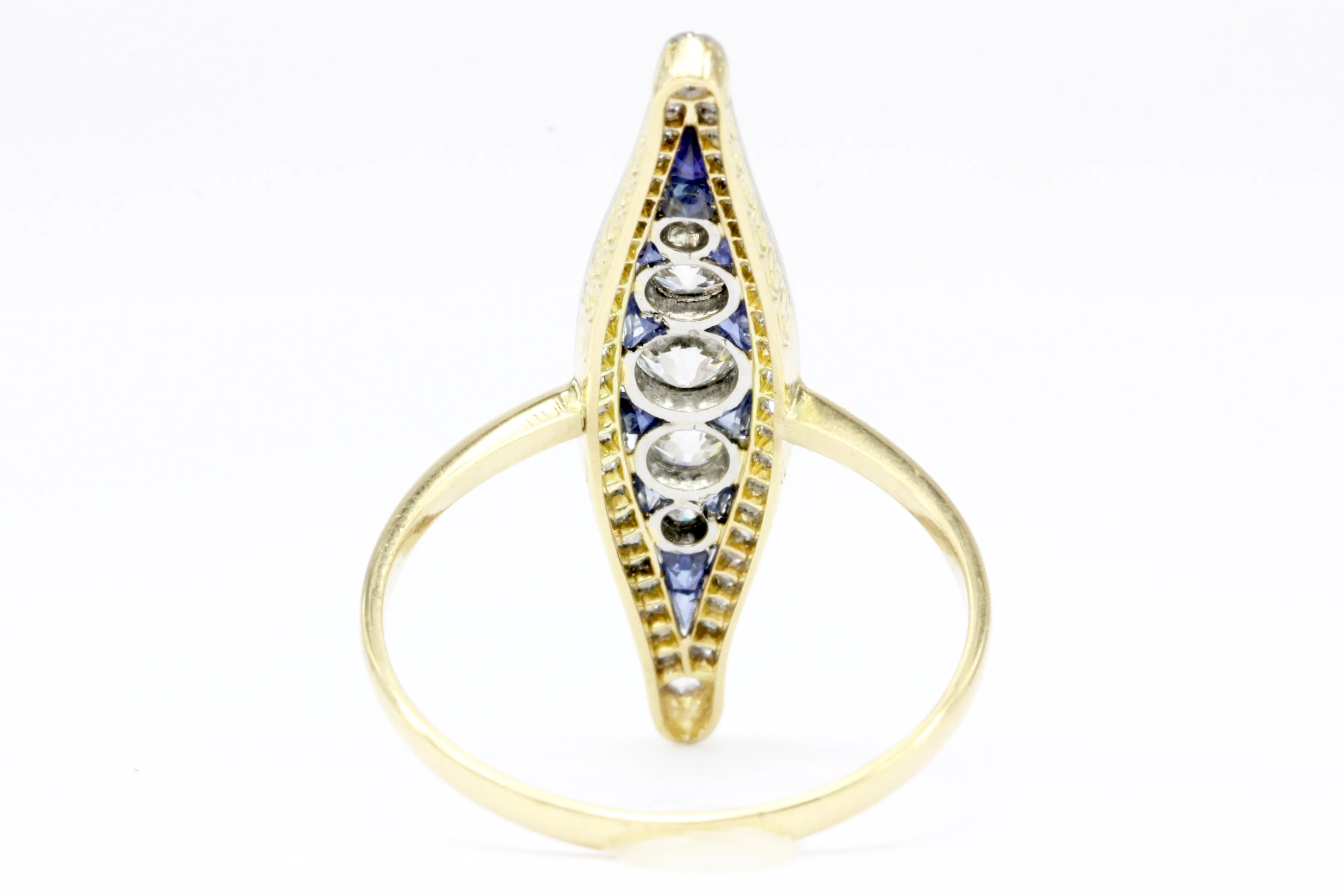 Edwardian 18K Yellow Gold Diamond and Sapphire Navette Ring Size 7