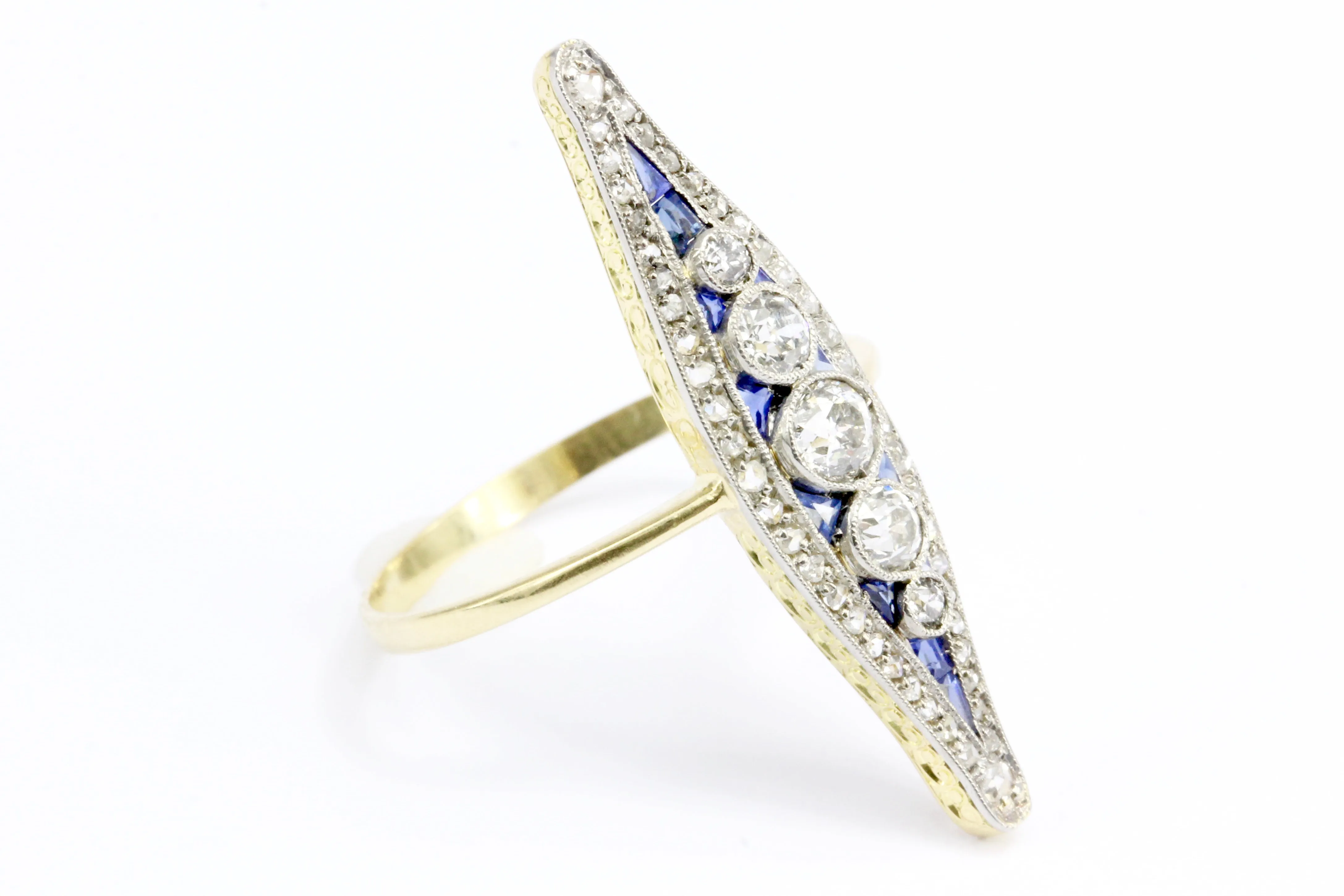 Edwardian 18K Yellow Gold Diamond and Sapphire Navette Ring Size 7