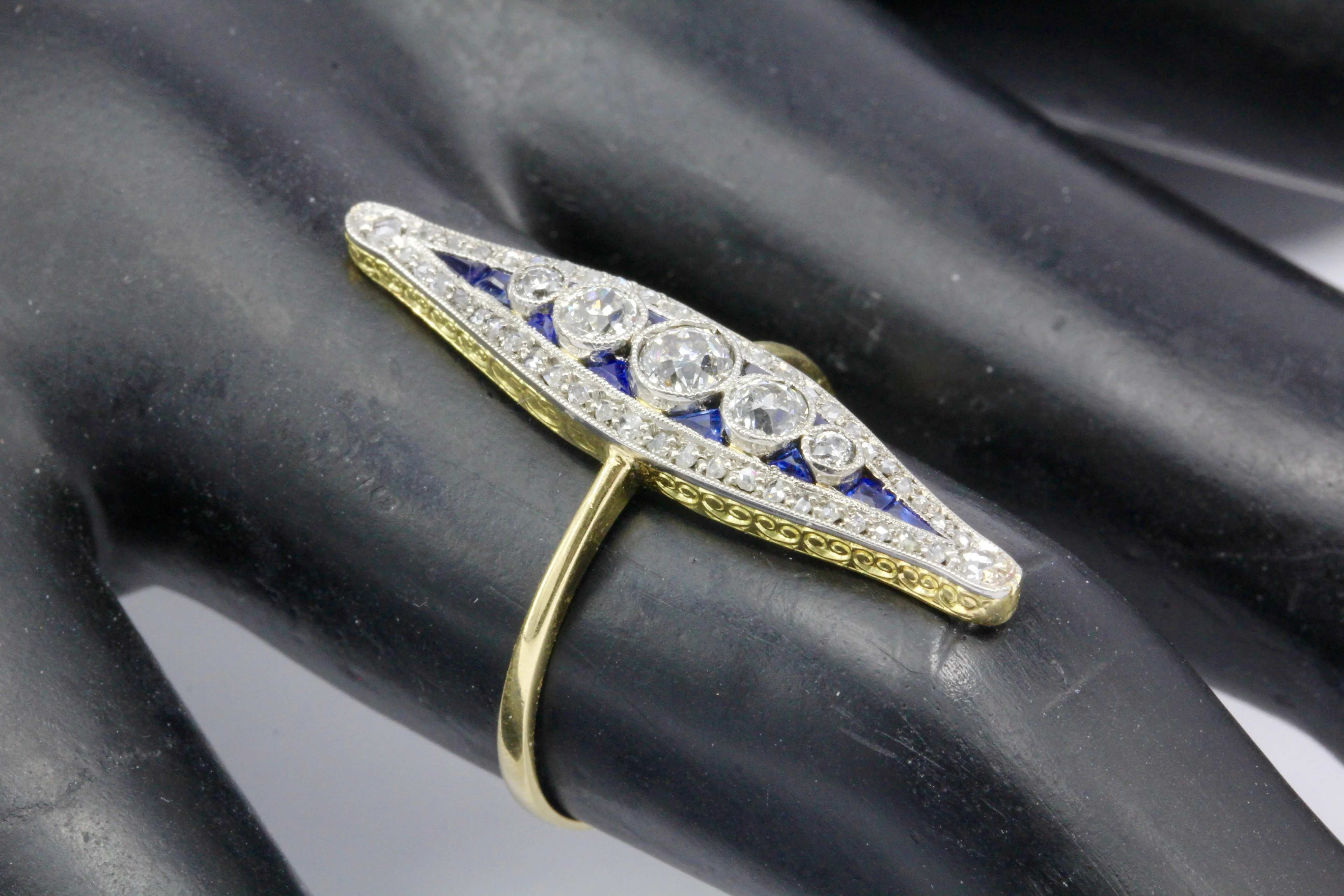 Edwardian 18K Yellow Gold Diamond and Sapphire Navette Ring Size 7