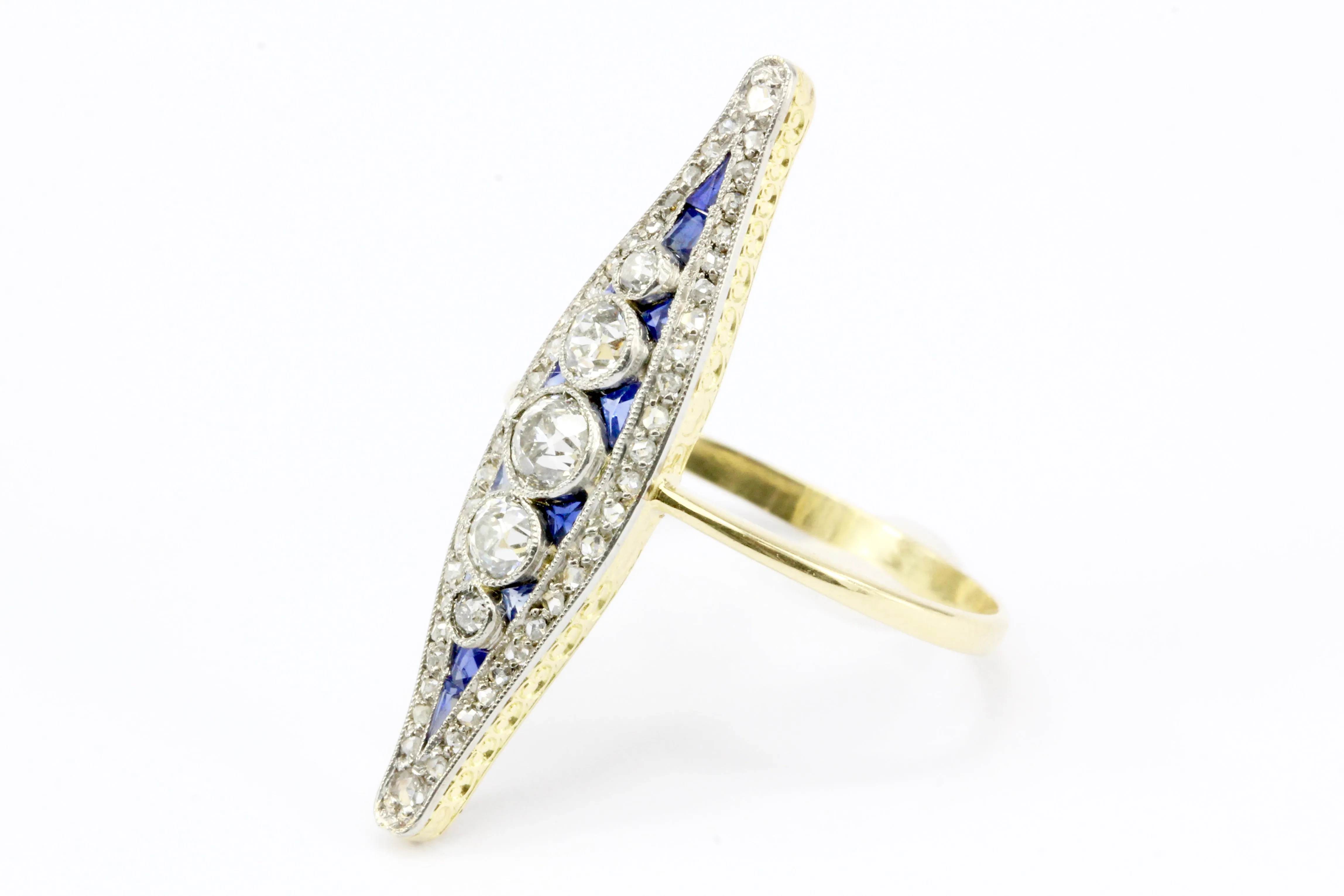 Edwardian 18K Yellow Gold Diamond and Sapphire Navette Ring Size 7