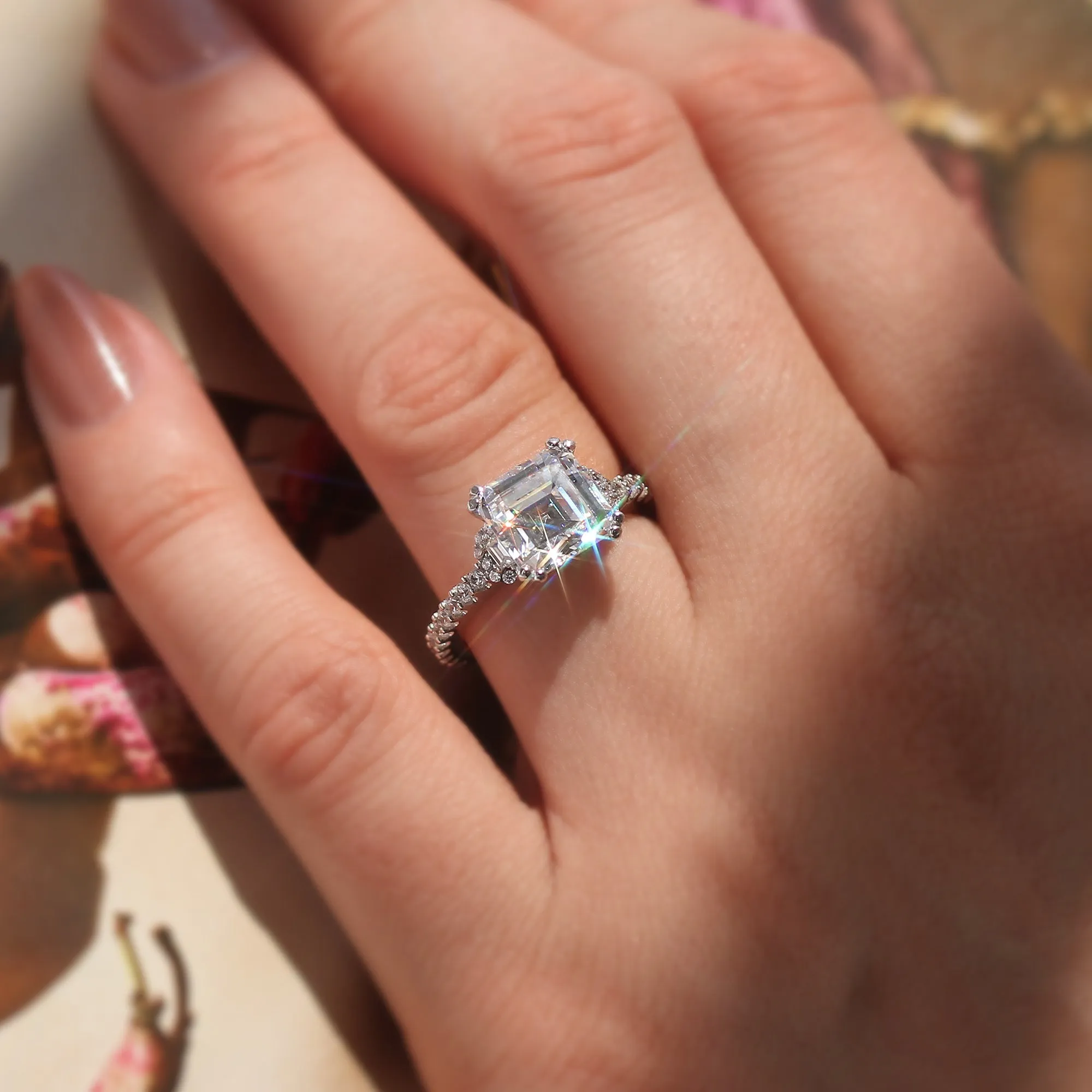 Elegant Asscher & Trapezoid Engagement Ring