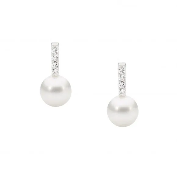 Ellani Sterling Silver Cubic Zirconia Drop Bar Pearl Earrings E505S