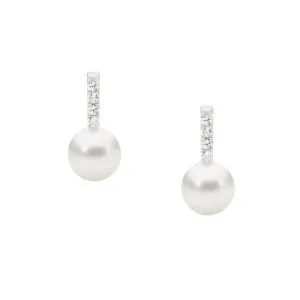 Ellani Sterling Silver Cubic Zirconia Drop Bar Pearl Earrings E505S