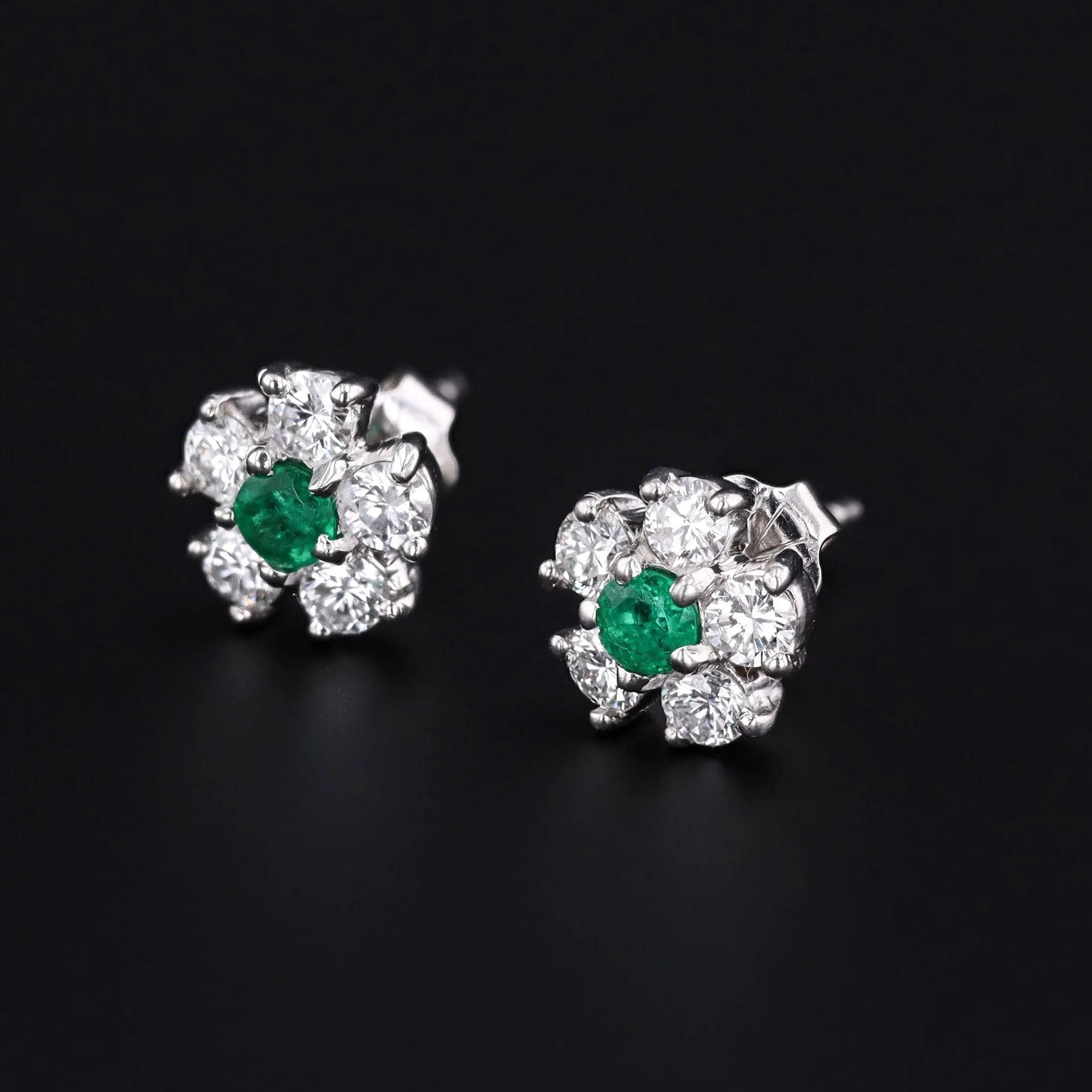 Emerald & Diamond Flower Earrings | Platinum and 14k White Gold Earrings