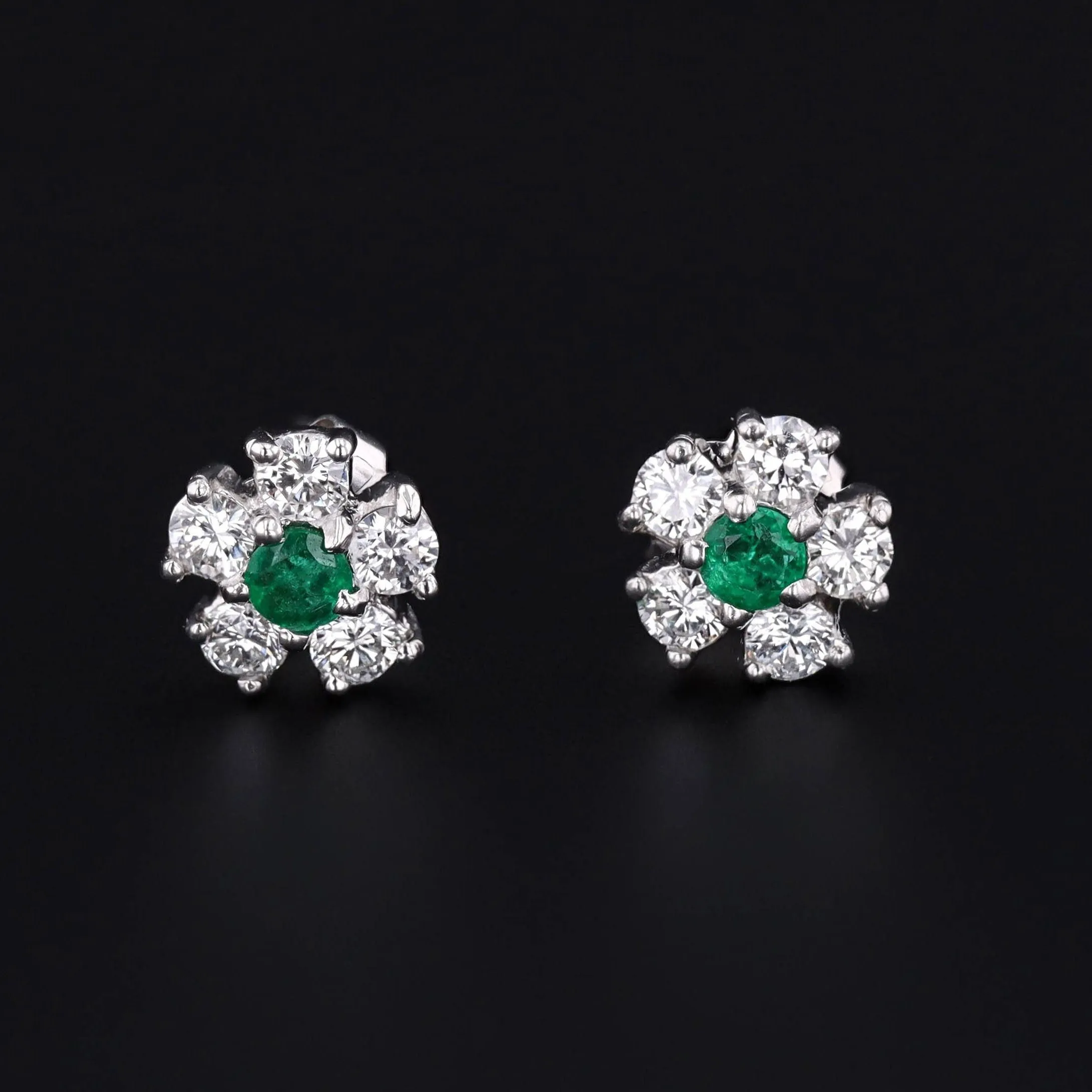Emerald & Diamond Flower Earrings | Platinum and 14k White Gold Earrings