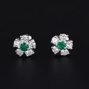 Emerald & Diamond Flower Earrings | Platinum and 14k White Gold Earrings