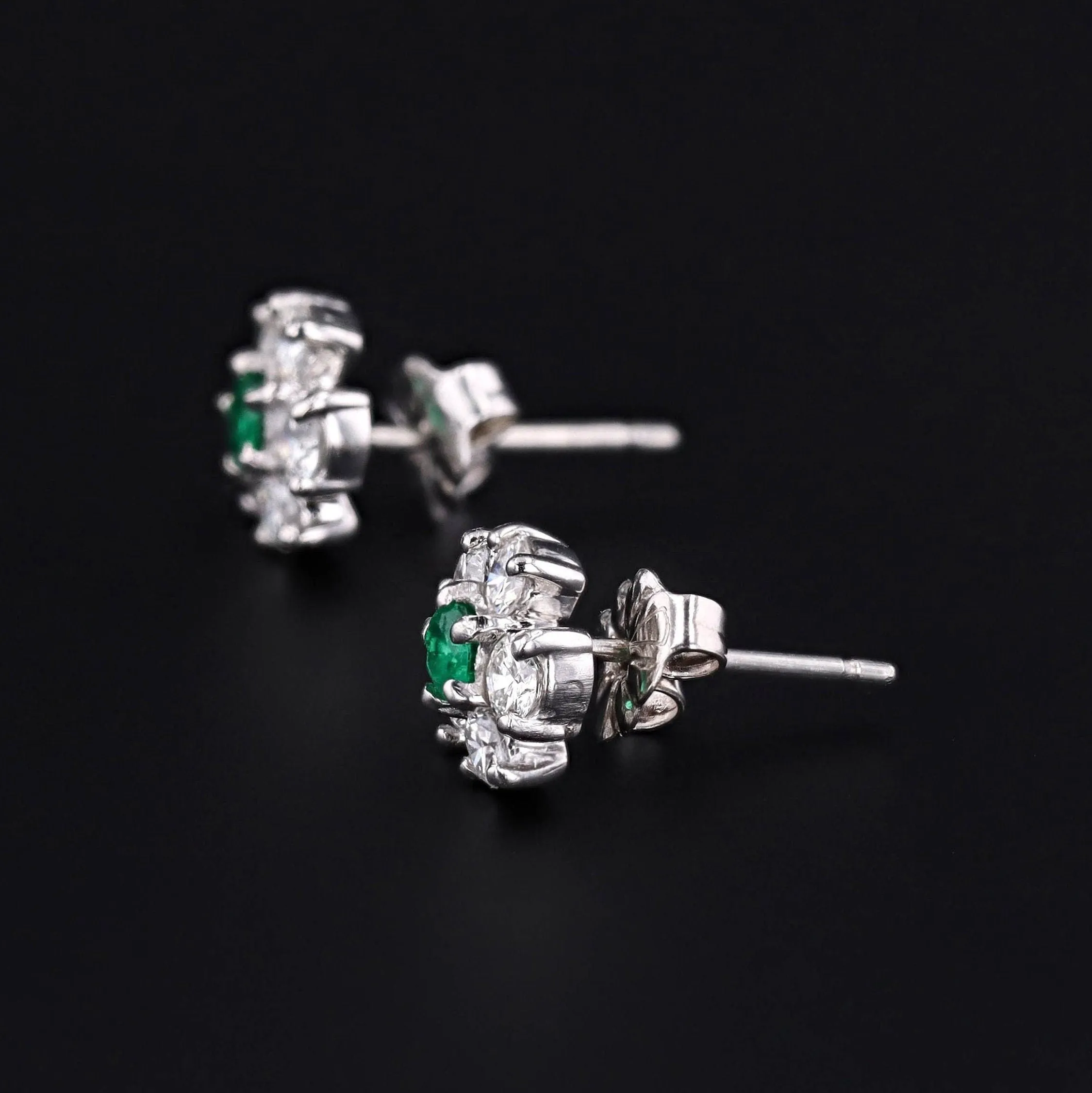 Emerald & Diamond Flower Earrings | Platinum and 14k White Gold Earrings